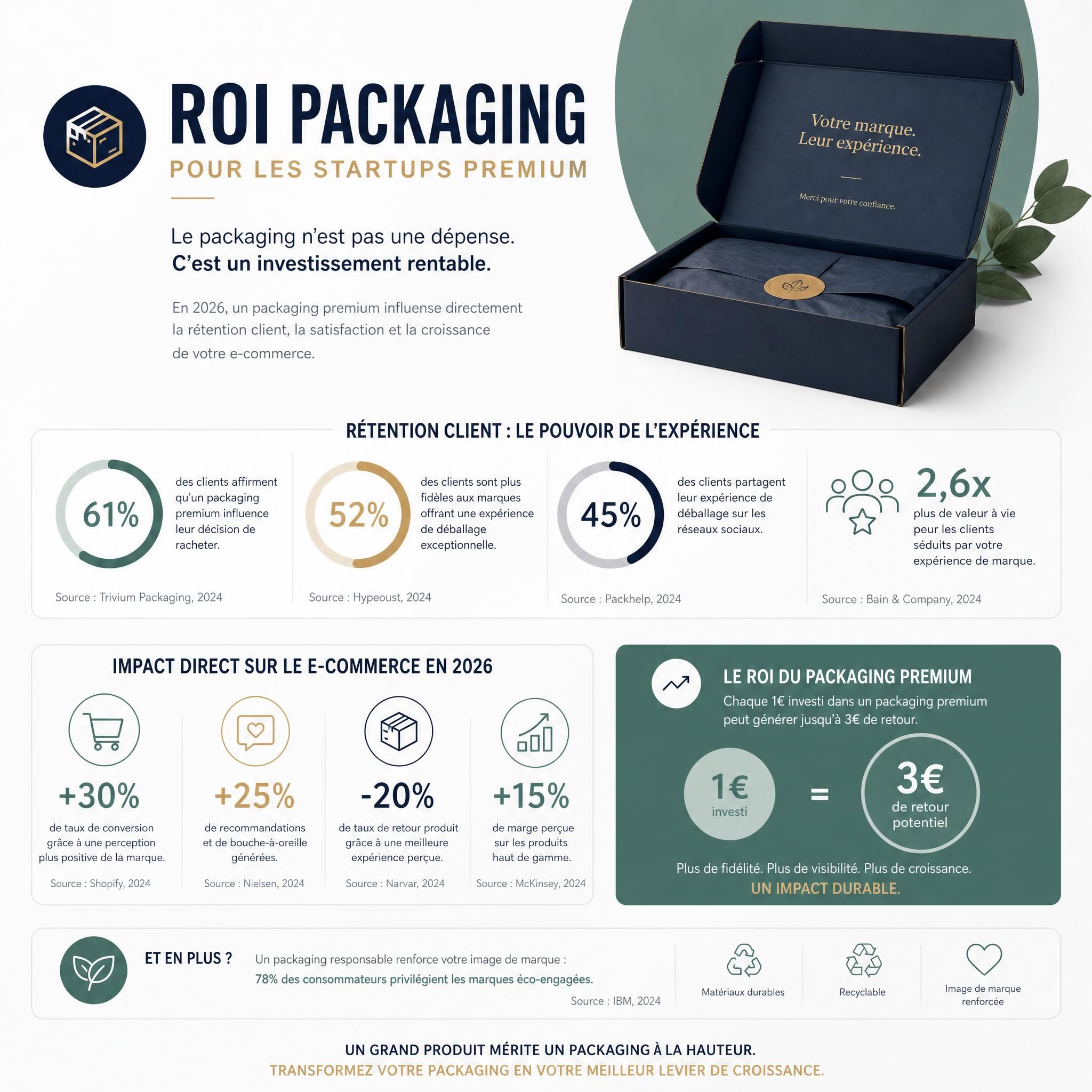 ROI packaging premium startups - infographie statistiques rétention client et impact e-commerce 2026