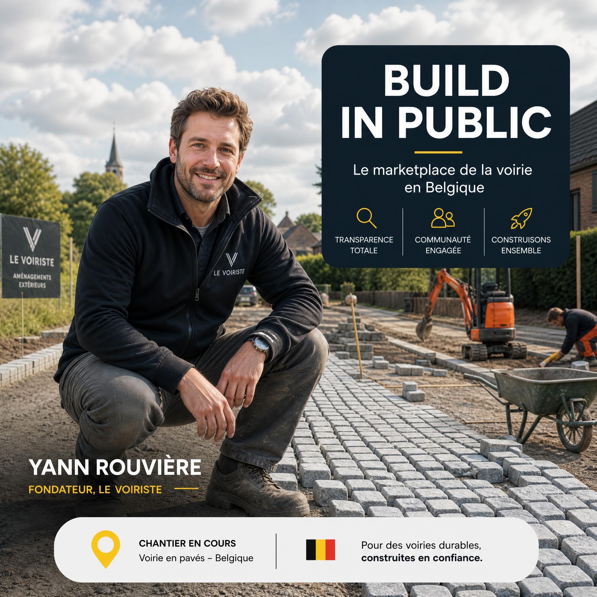Yann Rouvière fondateur Le Voiriste sur un chantier de voirie belge, allée en pavés en cours de réalisation — campagne social media build in public marketplace voirie Belgique
