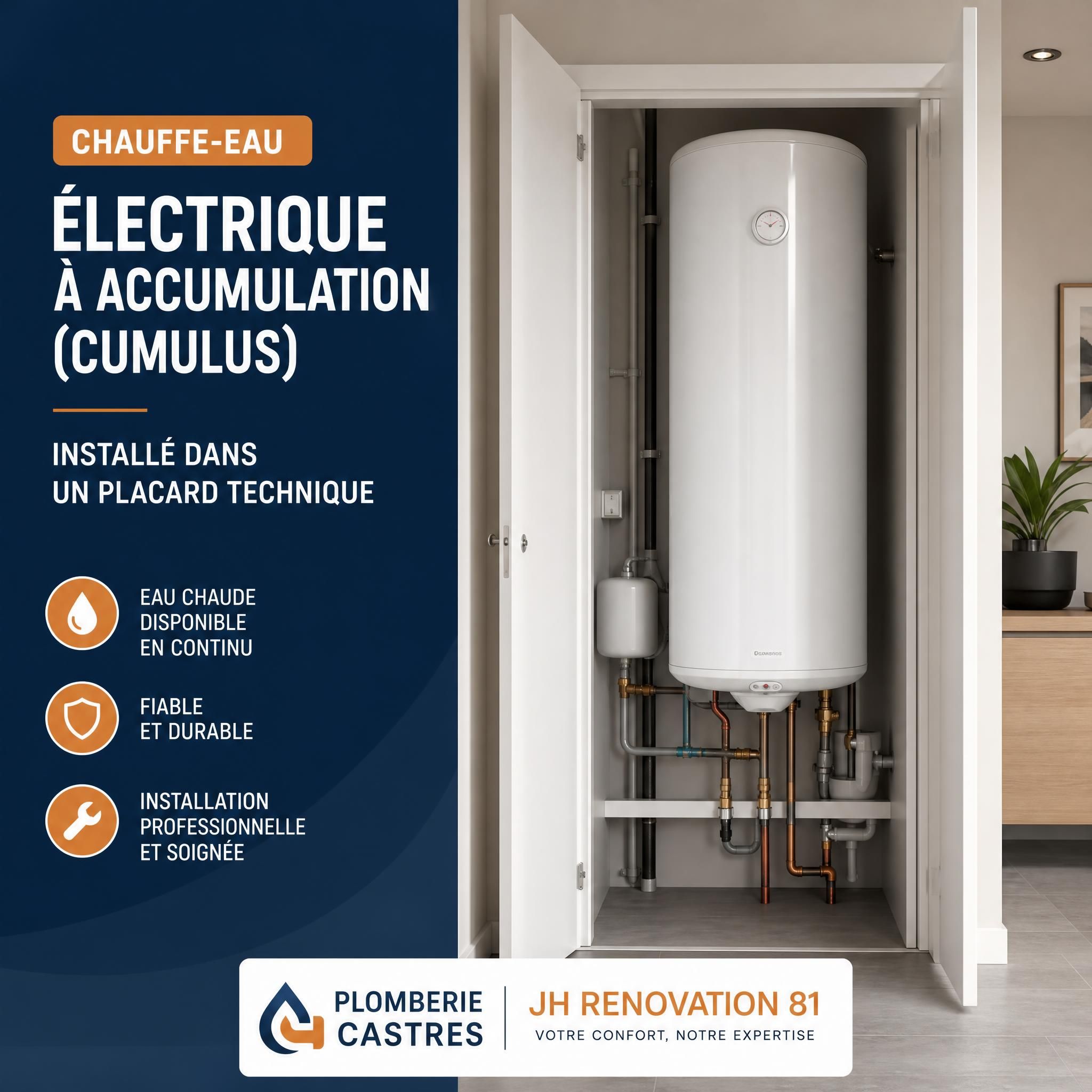 Chauffe-eau électrique à accumulation (cumulus) installé dans un placard technique — plomberie Castres JH Renovation 81