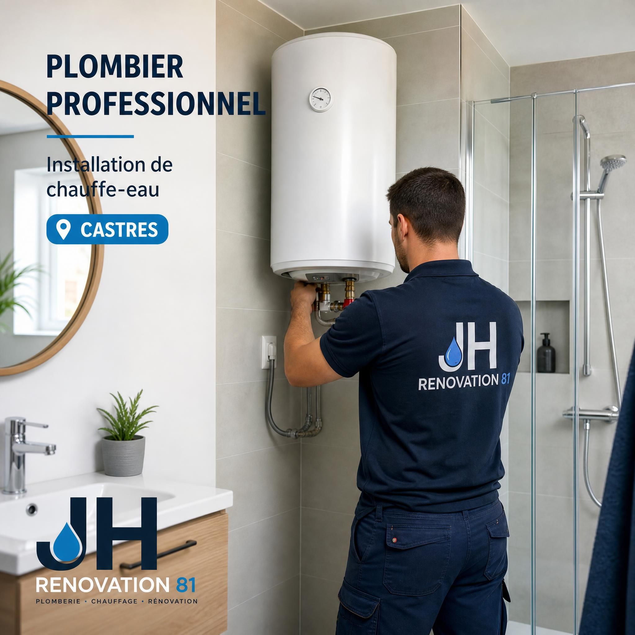 Plombier professionnel JH Renovation 81 en train d'installer un chauffe-eau dans une salle de bain à Castres