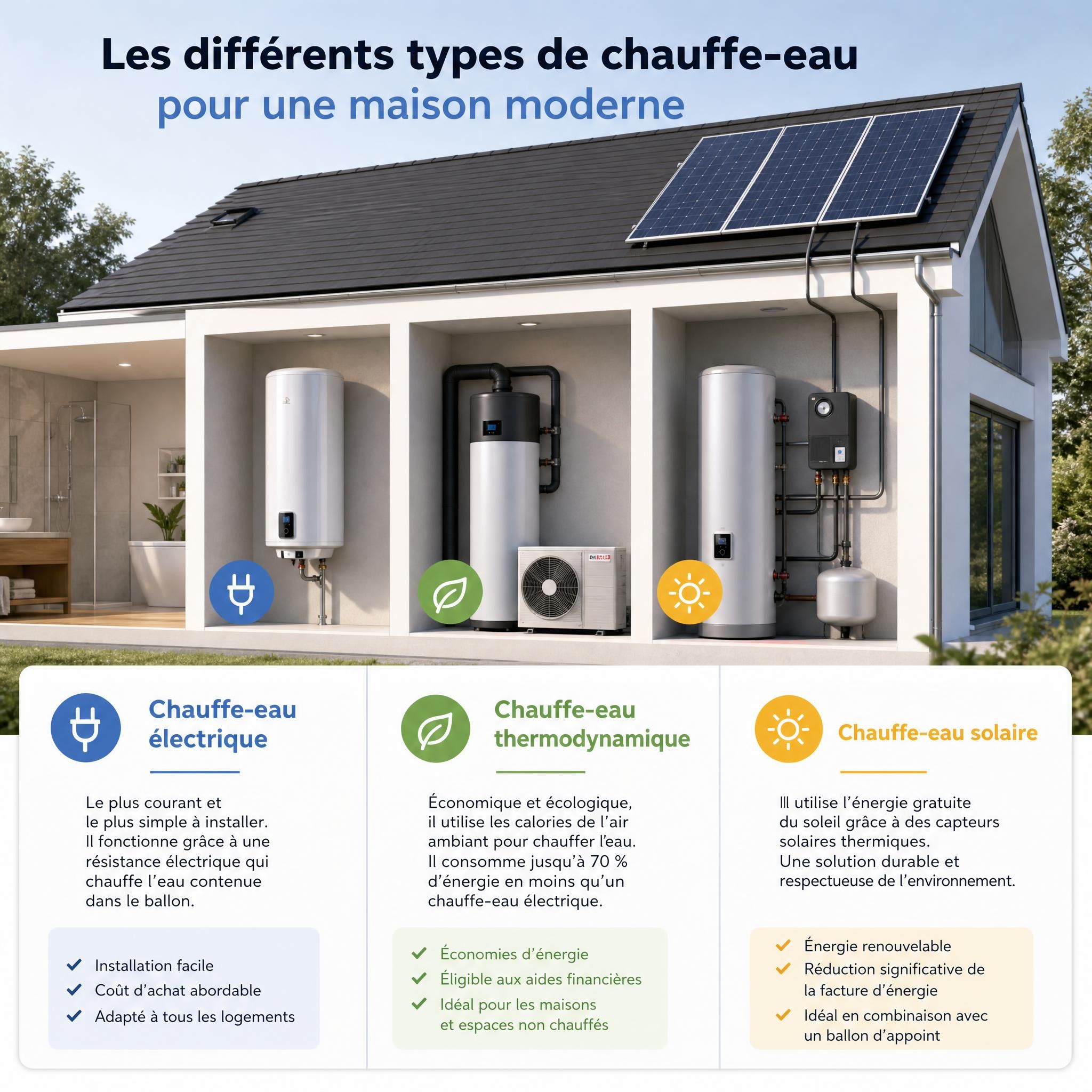 Différents types de chauffe-eau installés dans une maison moderne — chauffe-eau électrique, thermodynamique et solaire