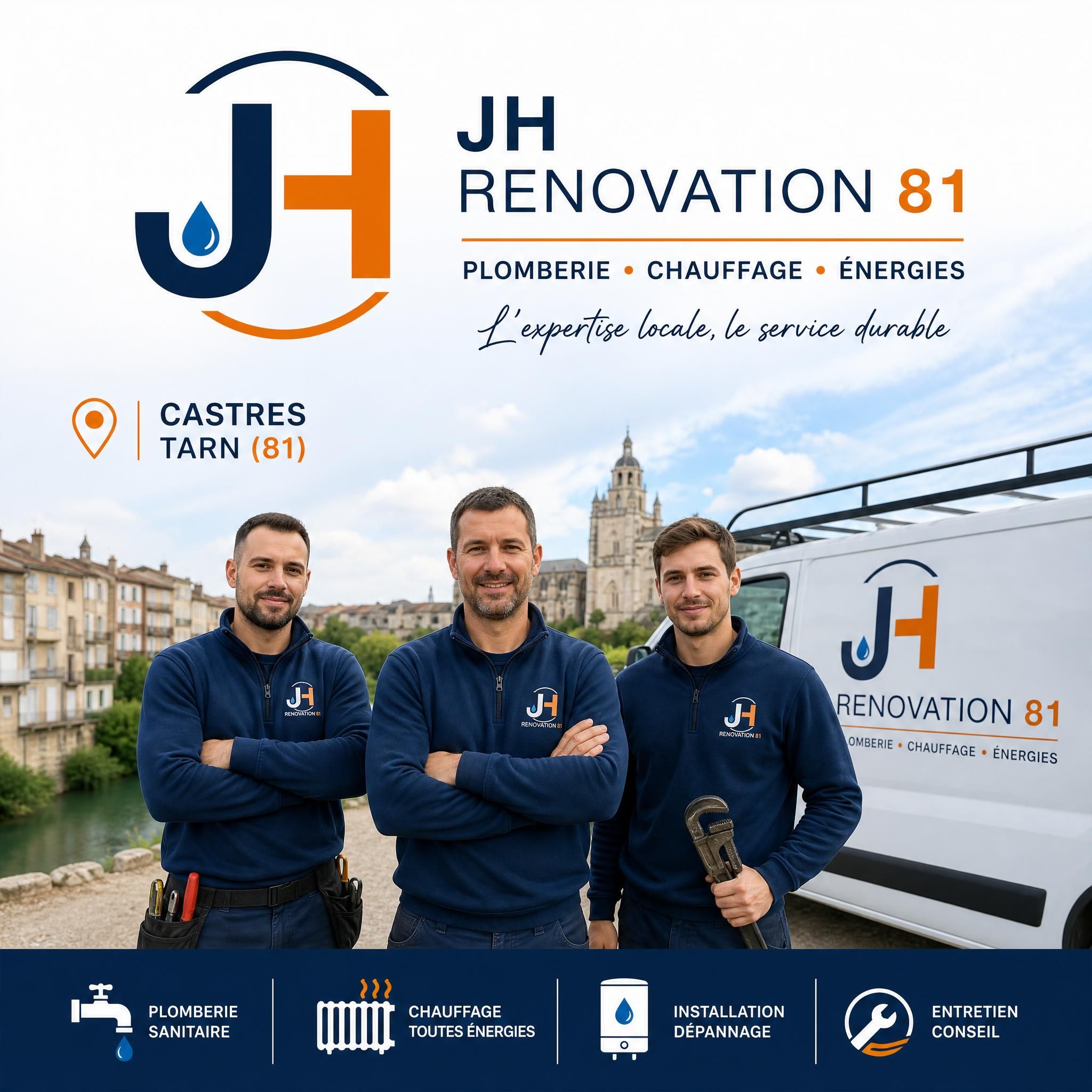 Logo et équipe JH Renovation 81 — artisan plombier chauffagiste à Castres, Tarn (81)