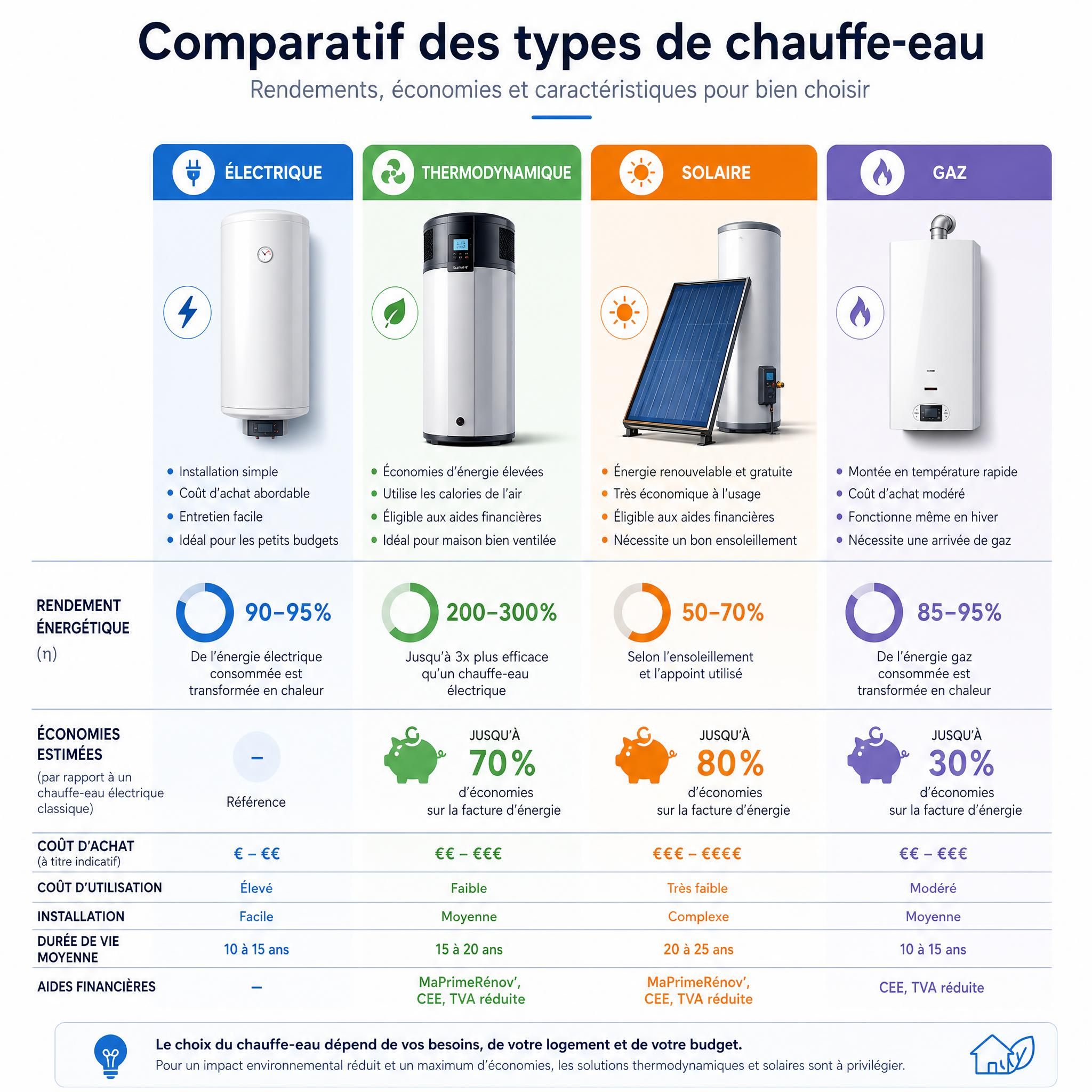Schéma comparatif des types de chauffe-eau — électrique, thermodynamique, solaire et gaz — avec rendements et économies