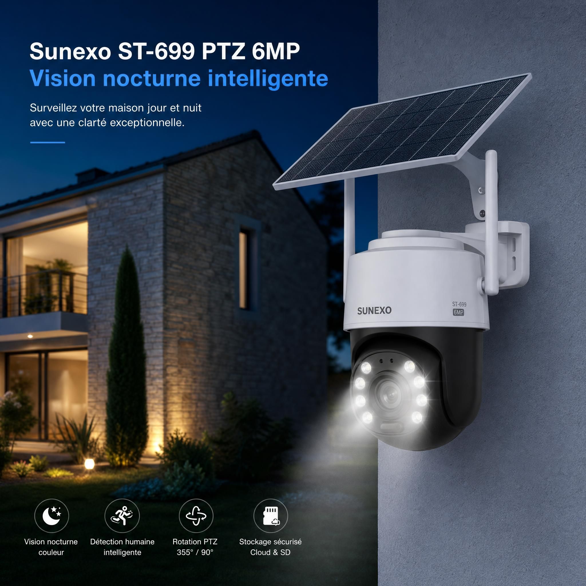 Caméra solaire Sunexo ST-699 PTZ 6MP installée sur façade extérieure d'une maison française, vision nocturne activée