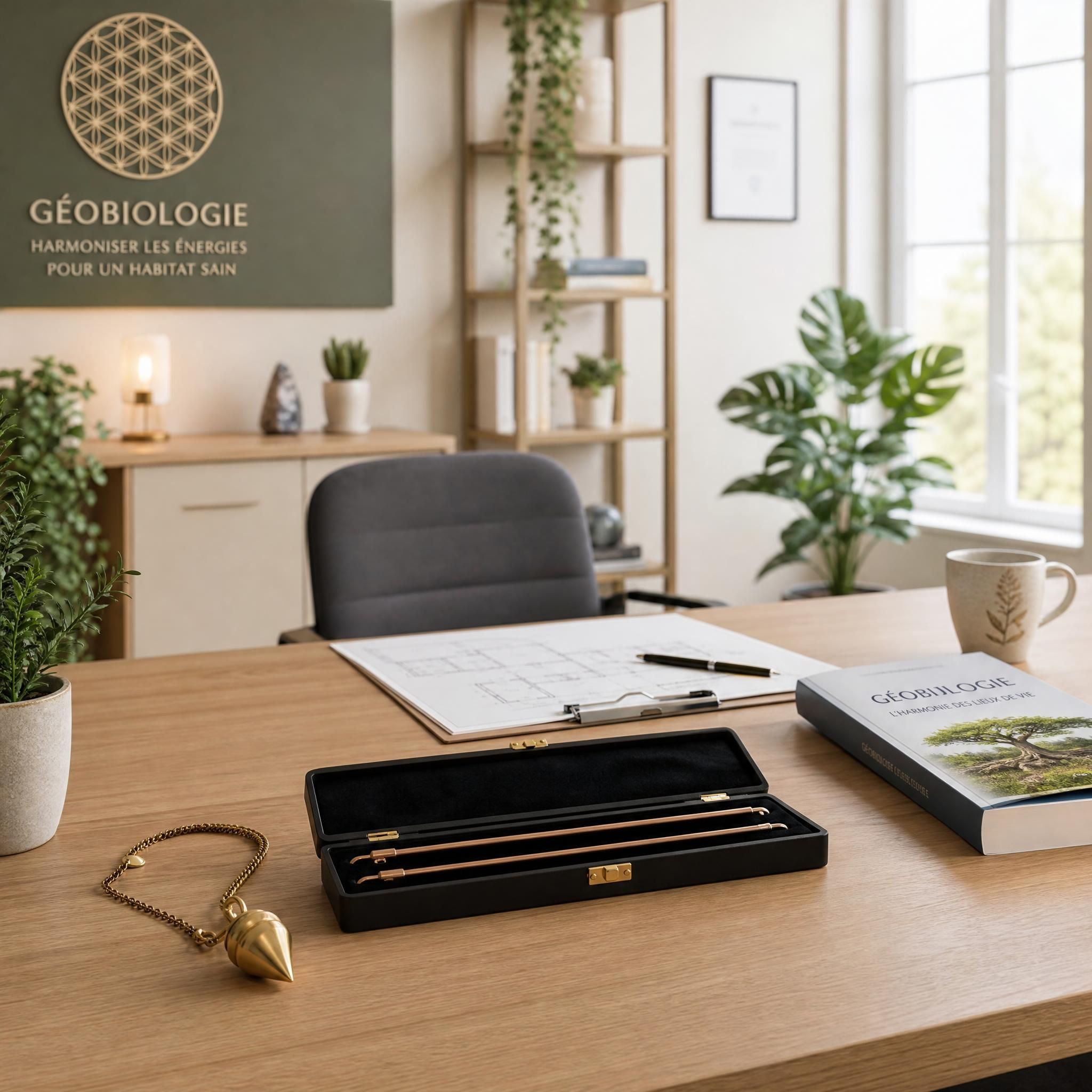 Espace de bureau harmonisé avec pendule et baguettes de sourcier pour diagnostic géobiologique professionnel