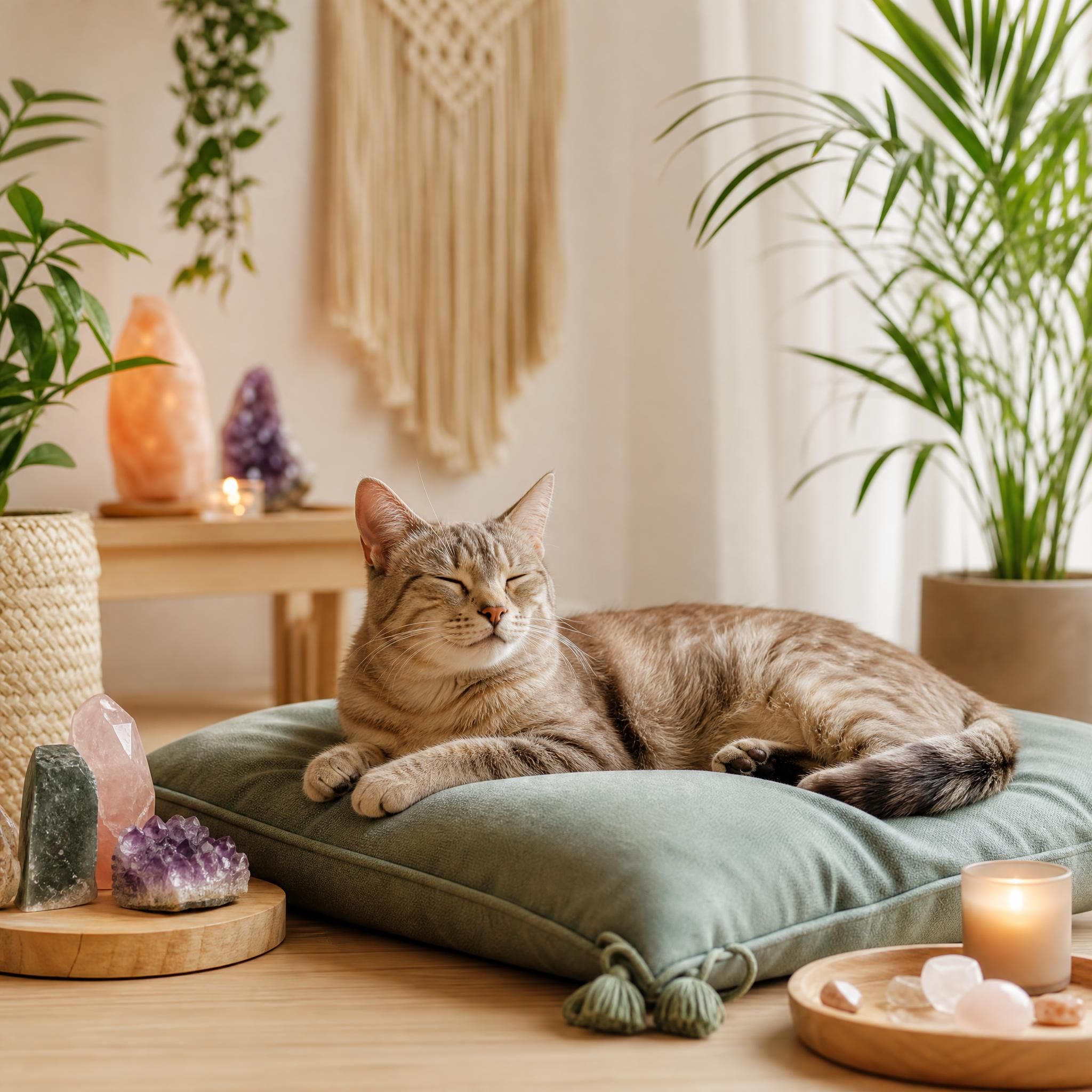 Chat allongé sereinement sur un coussin dans un espace harmonisé avec cristaux et plantes, lumière naturelle tamisée