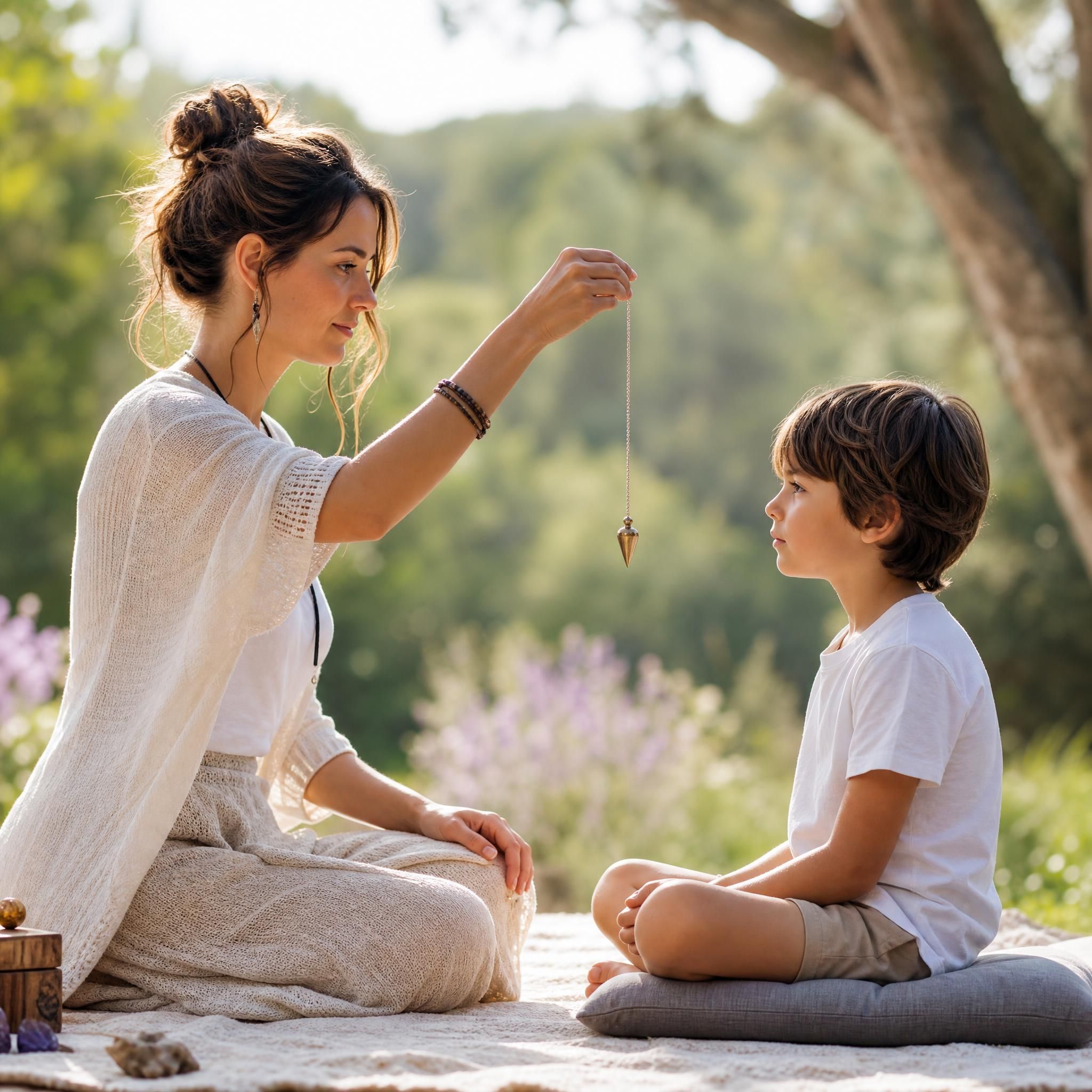 Femme tenant un pendule de radiesthésie devant un enfant assis en pleine nature, lumière douce, atmosphère apaisante