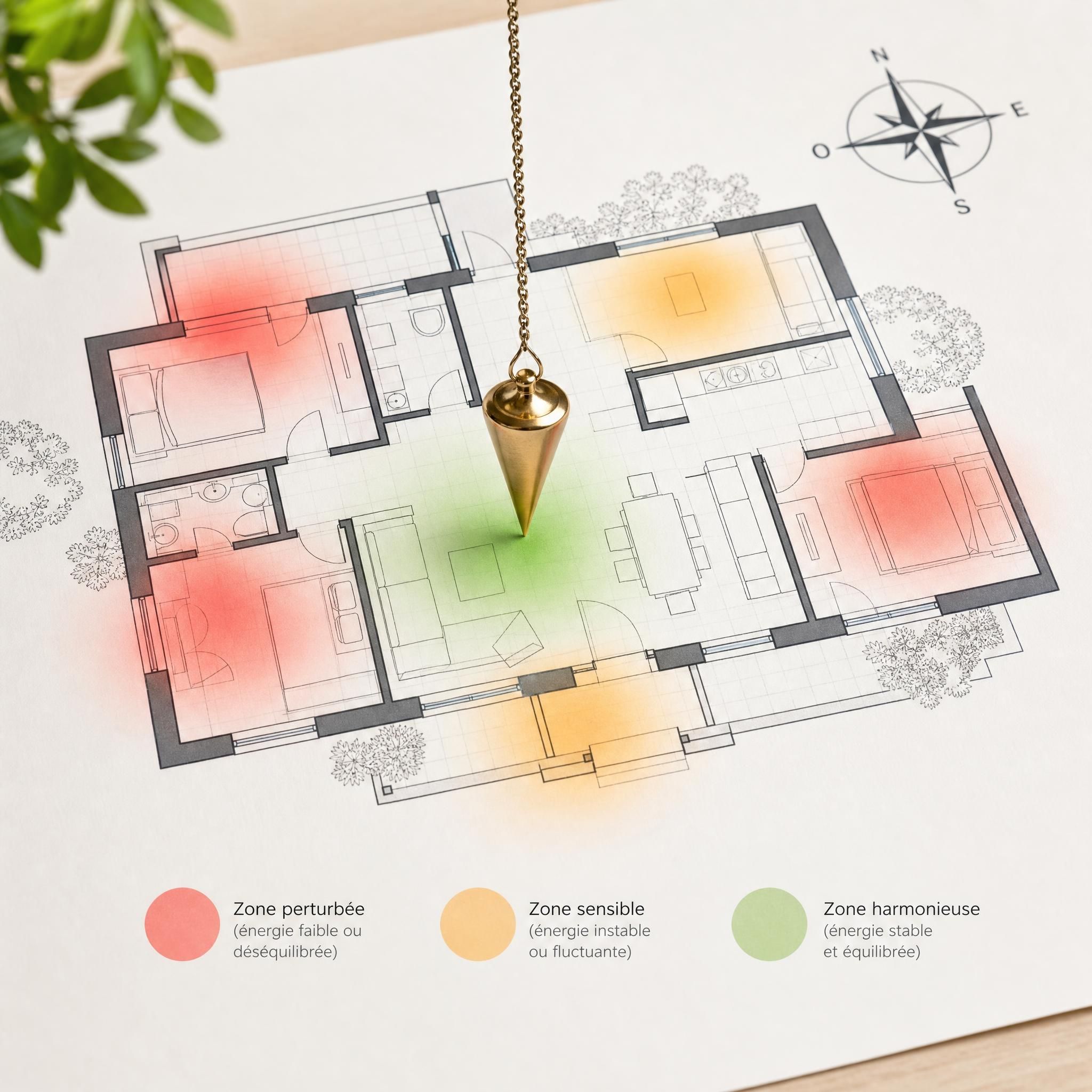 Plan schématique d'une maison vu de dessus avec pendule de radiesthésie posé dessus, détection des zones énergétiques perturbées