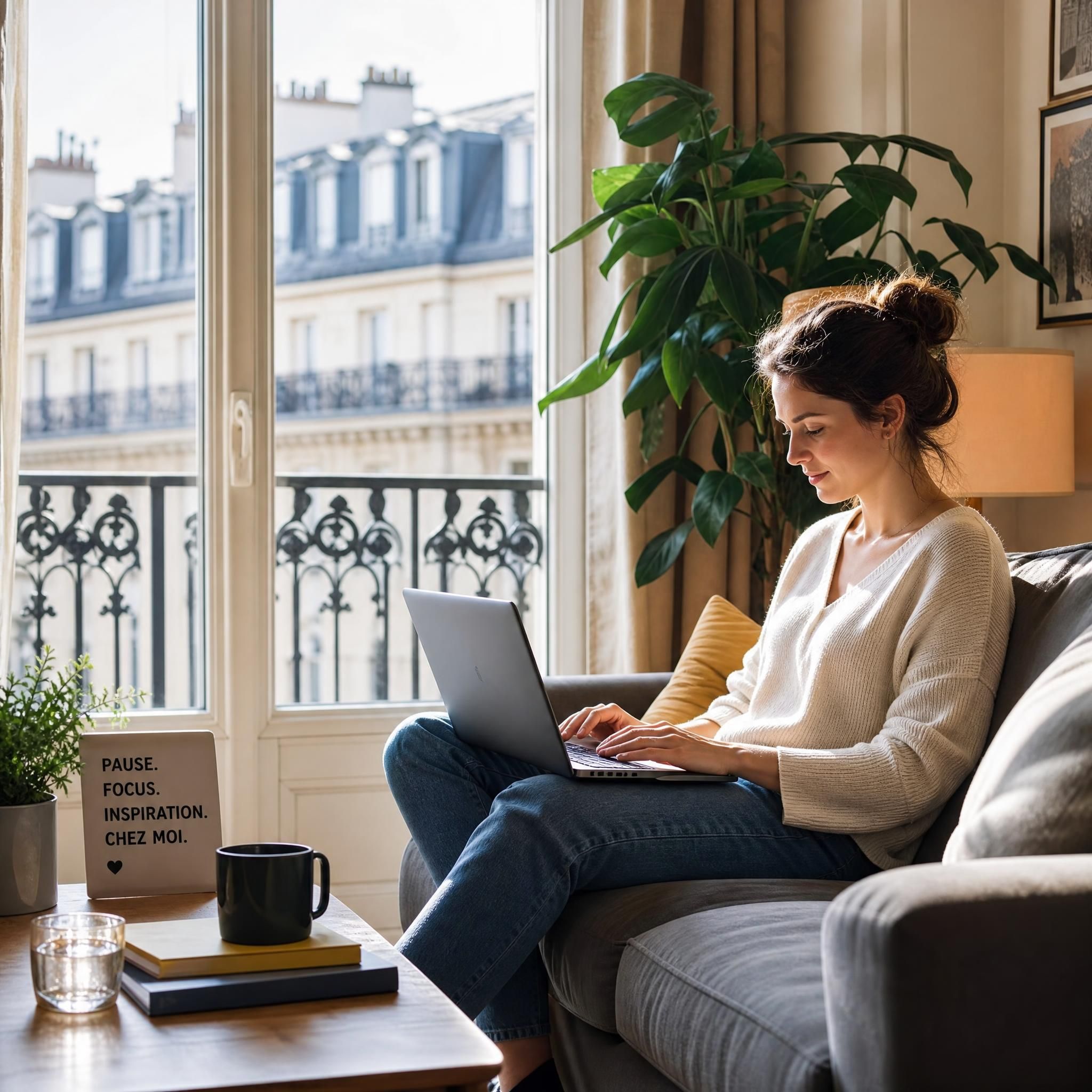 Personne au calme dans un salon d'appartement parisien, travaillant sur un ordinateur portable lors d'une pause chez un particulier, alternative au coworking
