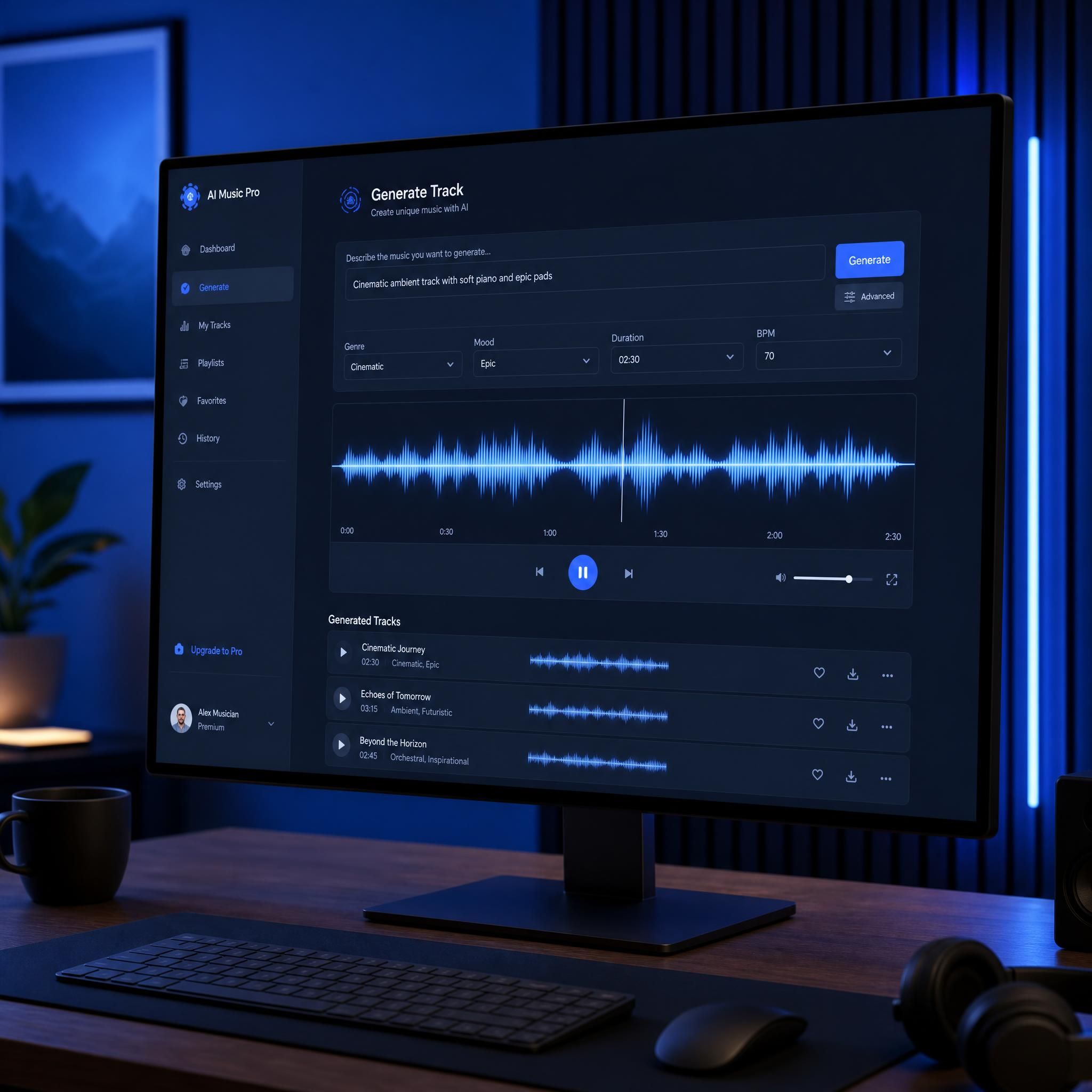 Écran d'ordinateur montrant une interface d'outil IA musical avec des formes d'ondes générées, lumière bleue tamisée