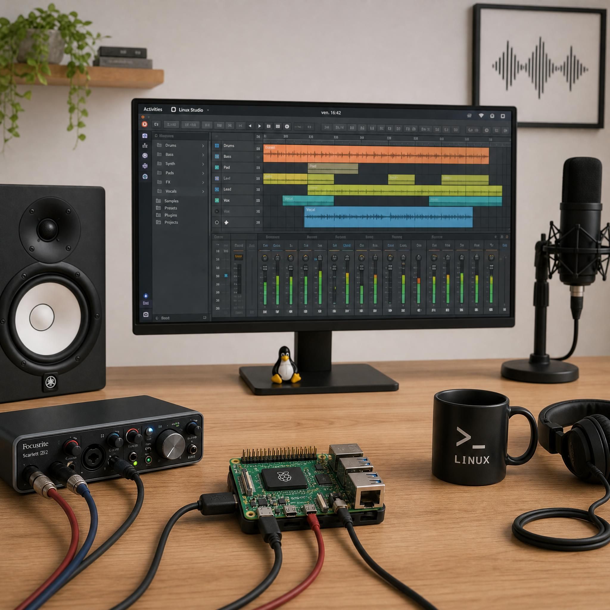 Home studio minimaliste avec un écran Linux affichant une interface DAW, un Raspberry Pi et des câbles audio sur un bureau en bois