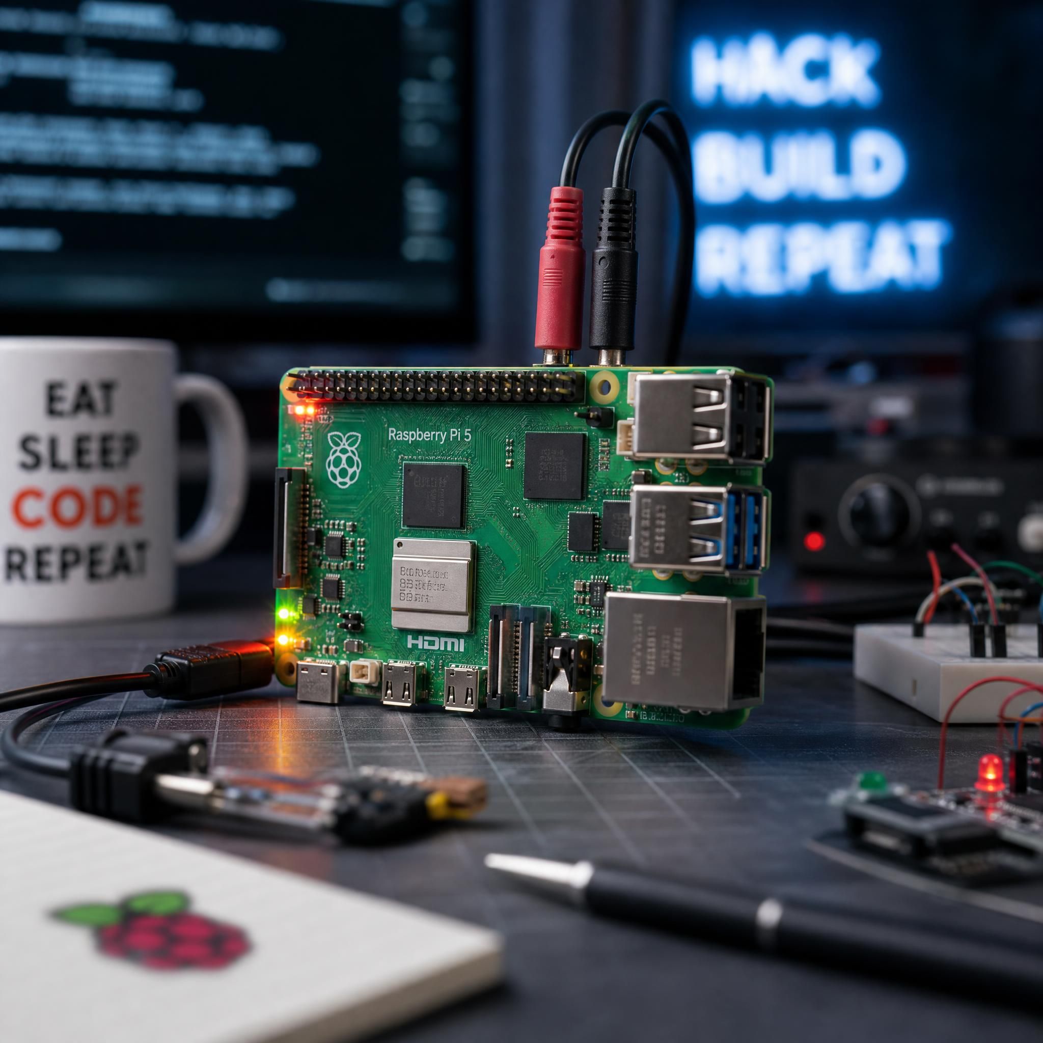 Raspberry Pi 5 avec câbles audio et LED allumées sur une table de travail, ambiance hackerspace