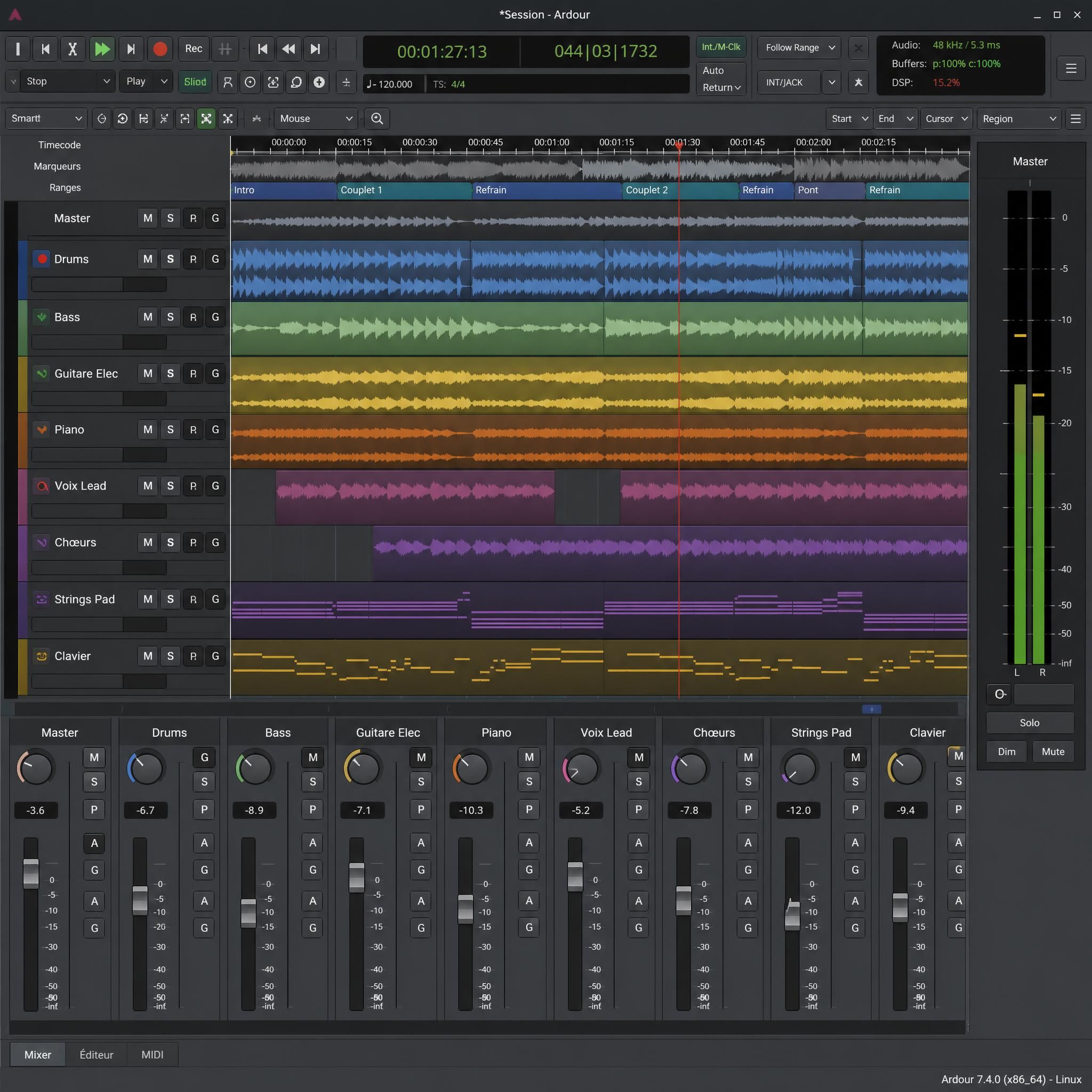 Interface du DAW Ardour sous Linux avec des pistes audio et MIDI visibles, ambiance studio professionnel