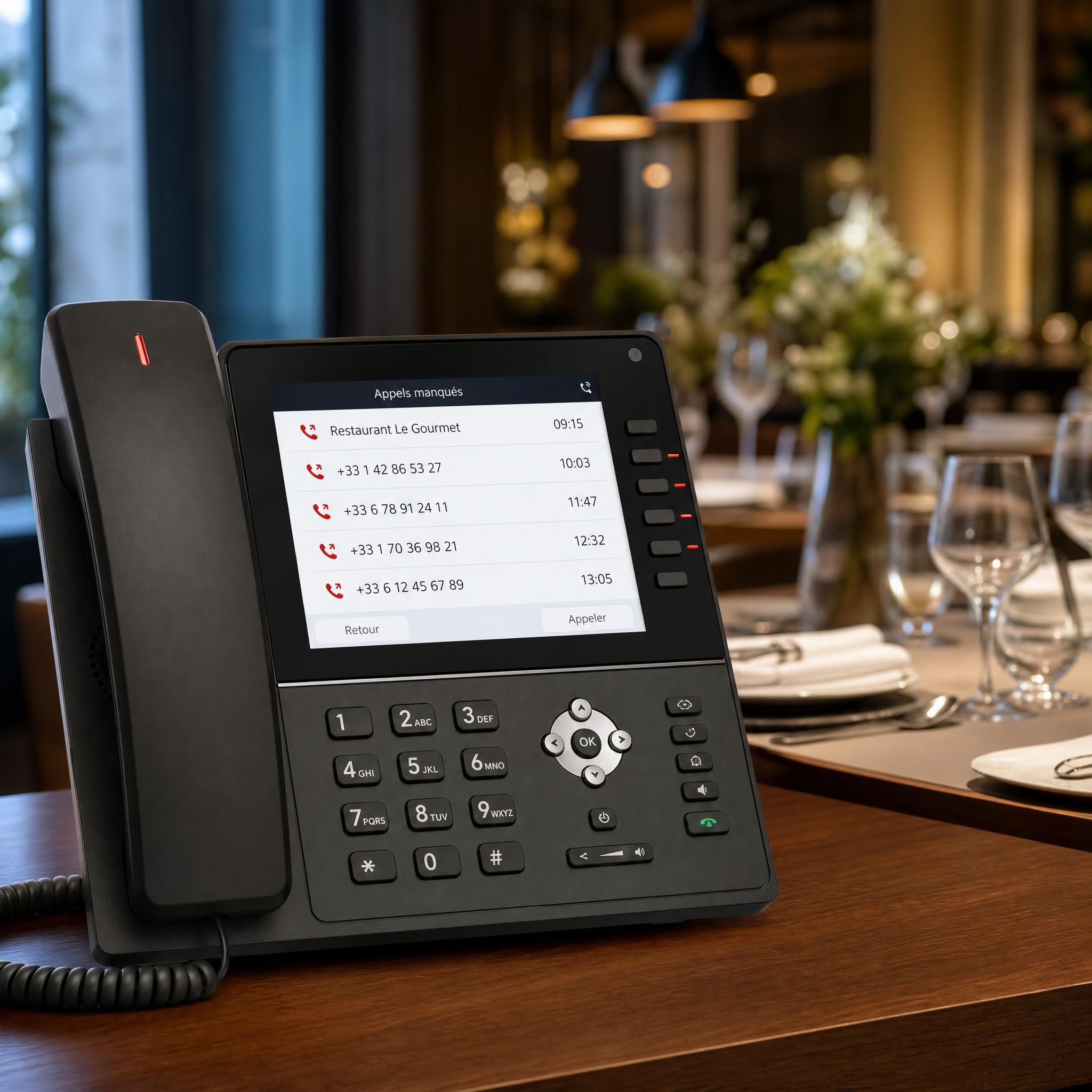 Téléphone professionnel de restaurant avec des appels entrants non répondus affichés sur l'écran, table dressée élégamment en arrière-plan