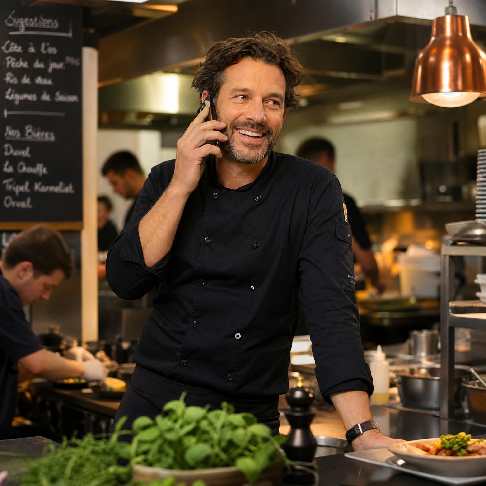 Restaurateur belge souriant au téléphone dans sa cuisine professionnelle pendant le service, ambiance chaleureuse et dynamique