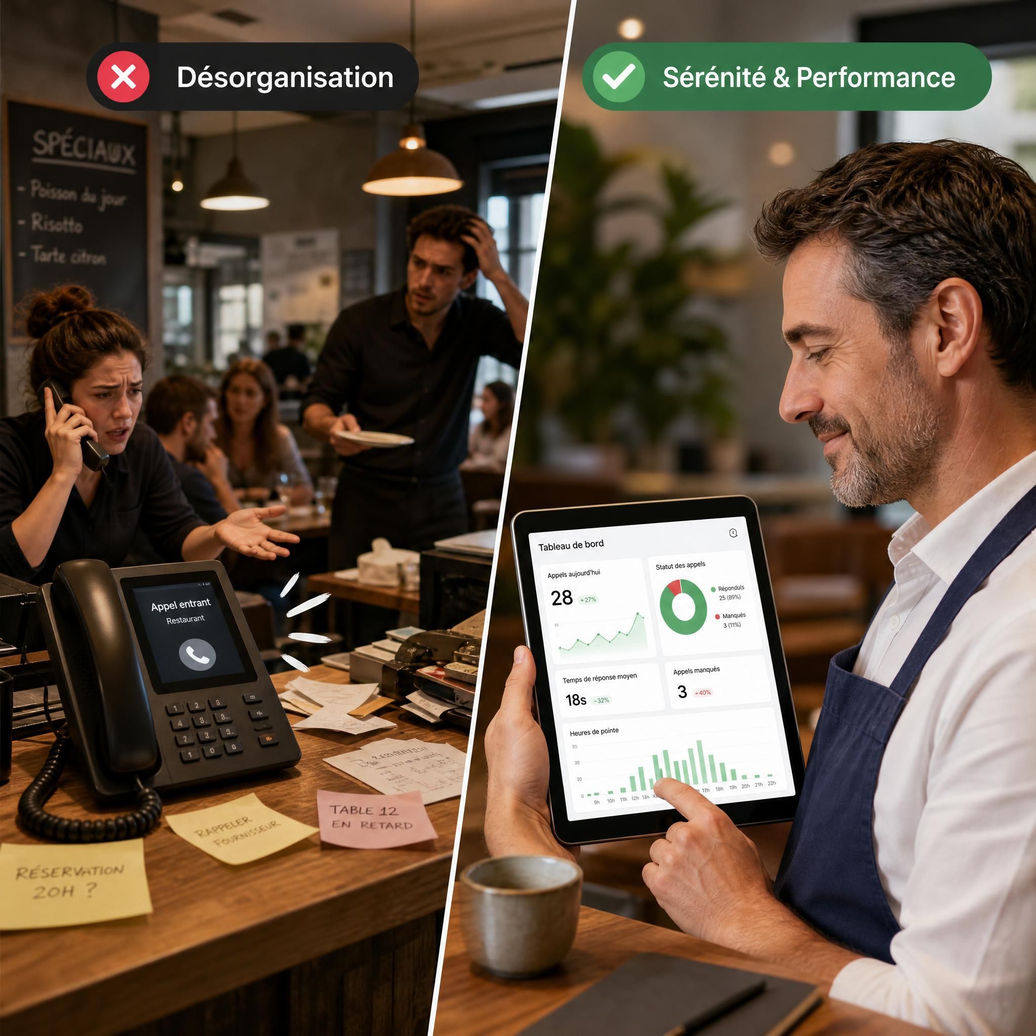 Comparaison visuelle entre un restaurant désorganisé avec téléphone qui sonne sans réponse et un restaurateur serein consultant son dashboard de gestion des appels sur tablette