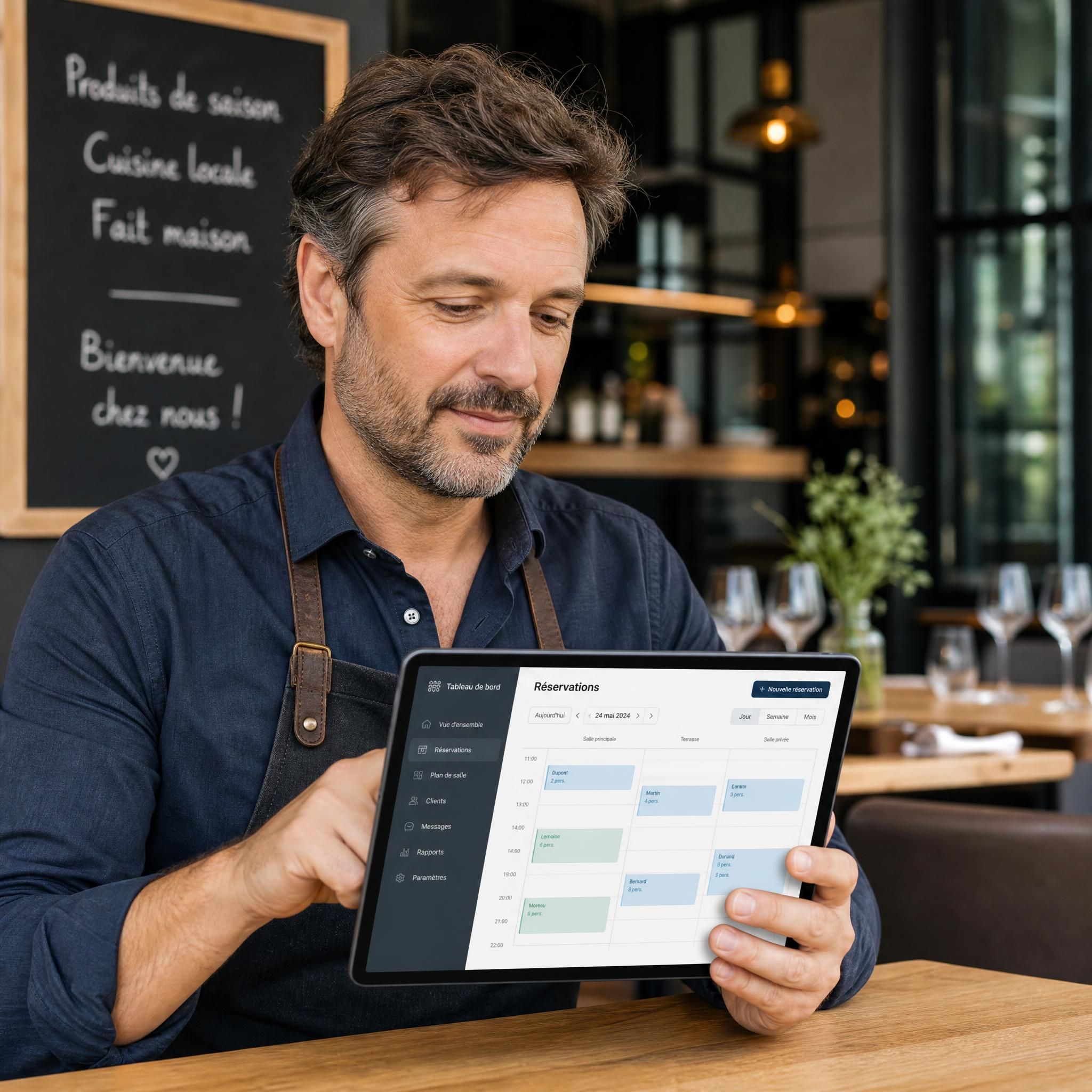 Restaurateur belge consultant son tableau de bord numérique sur tablette dans son restaurant, interface de gestion des réservations visible à l'écran