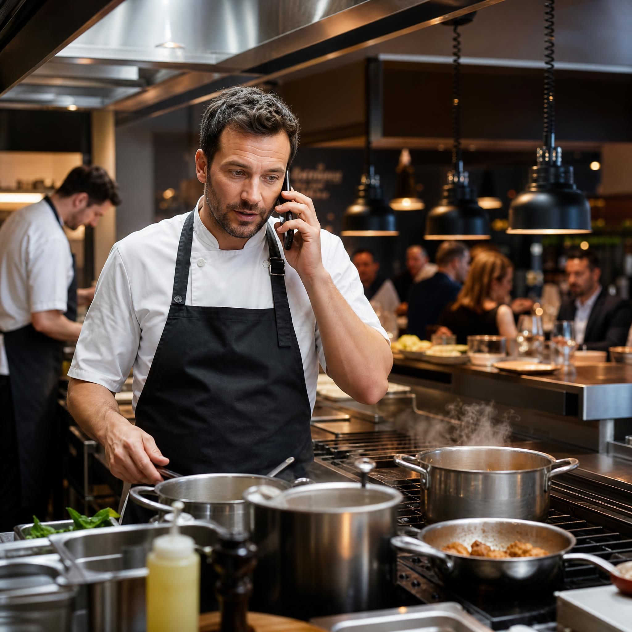 Chef cuisinier dans une cuisine professionnelle répondant à un appel téléphonique pendant le service, restaurant animé en arrière-plan