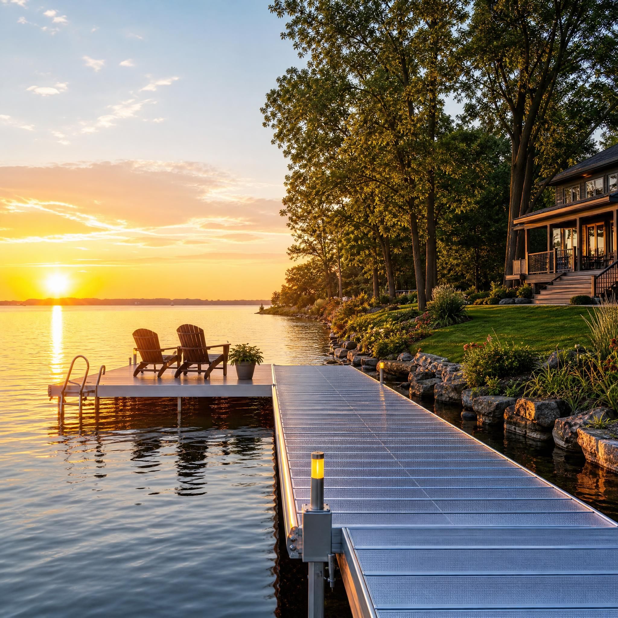 Propriété riveraine avec un magnifique quai en aluminium au coucher du soleil, lac calme en arrière-plan, région de Vaudreuil-Montréal