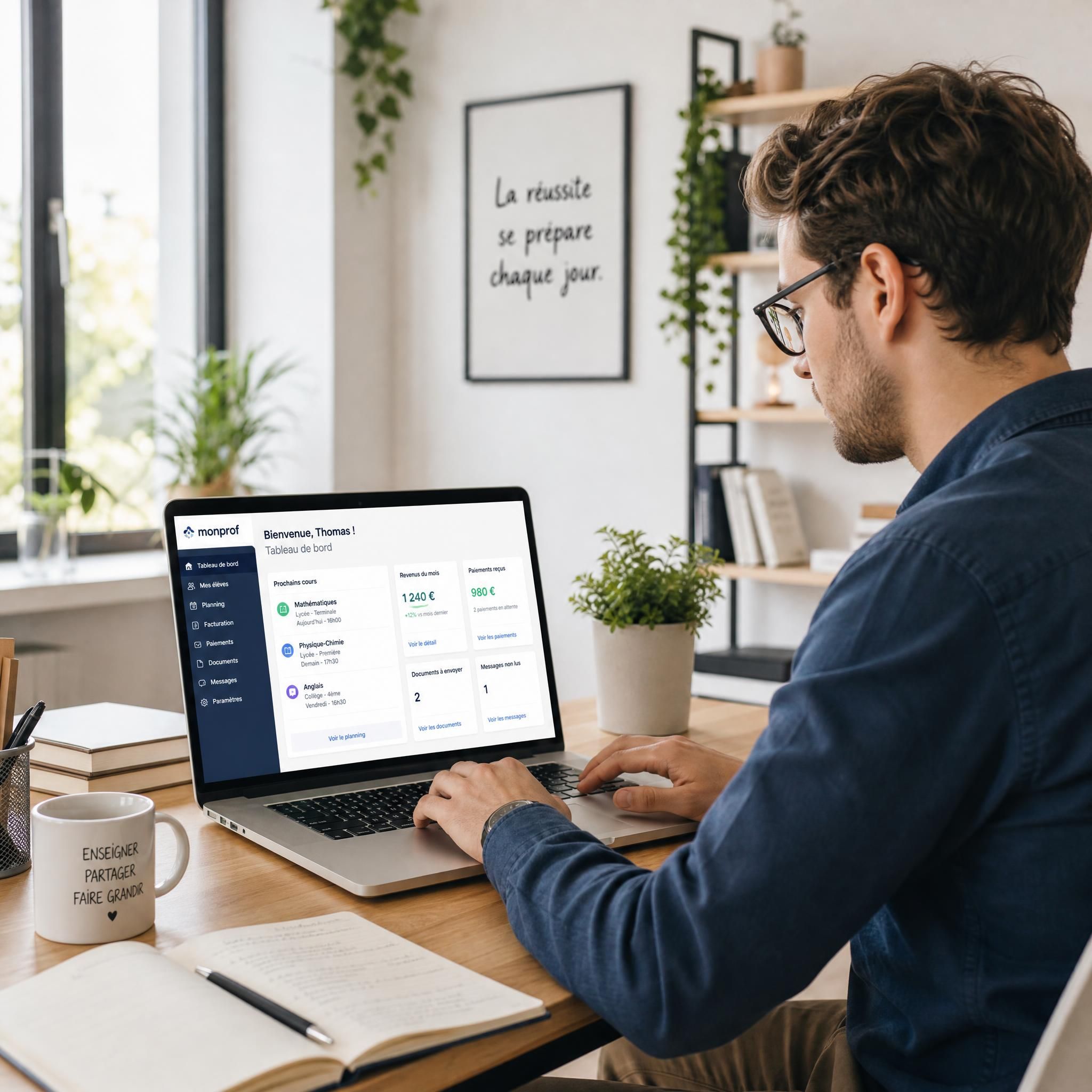 Professeur particulier indépendant utilisant une plateforme numérique de gestion administrative sur son ordinateur portable dans un espace de travail moderne et lumineux