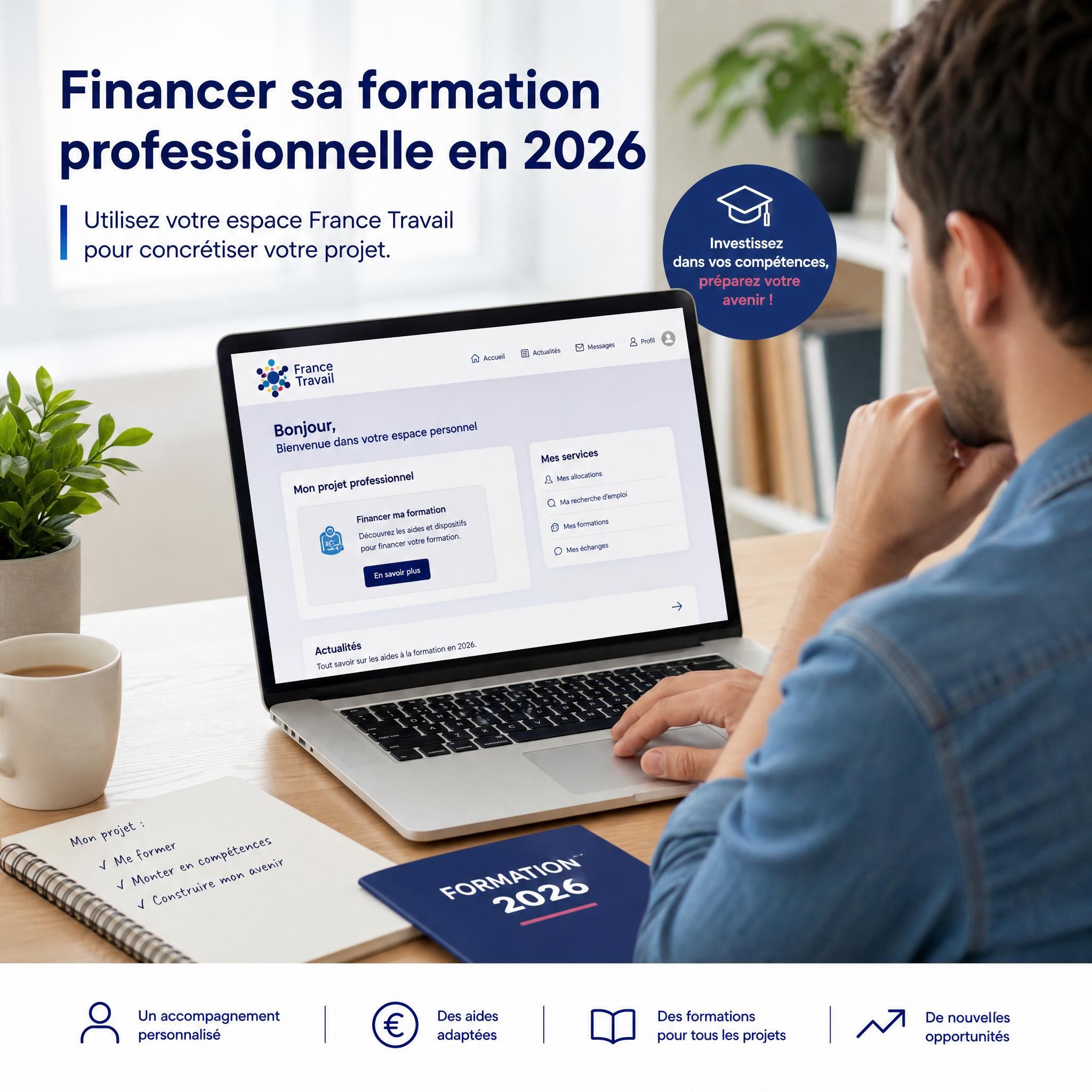 Demandeur d'emploi consultant son espace France Travail sur ordinateur pour financer une formation professionnelle en 2026