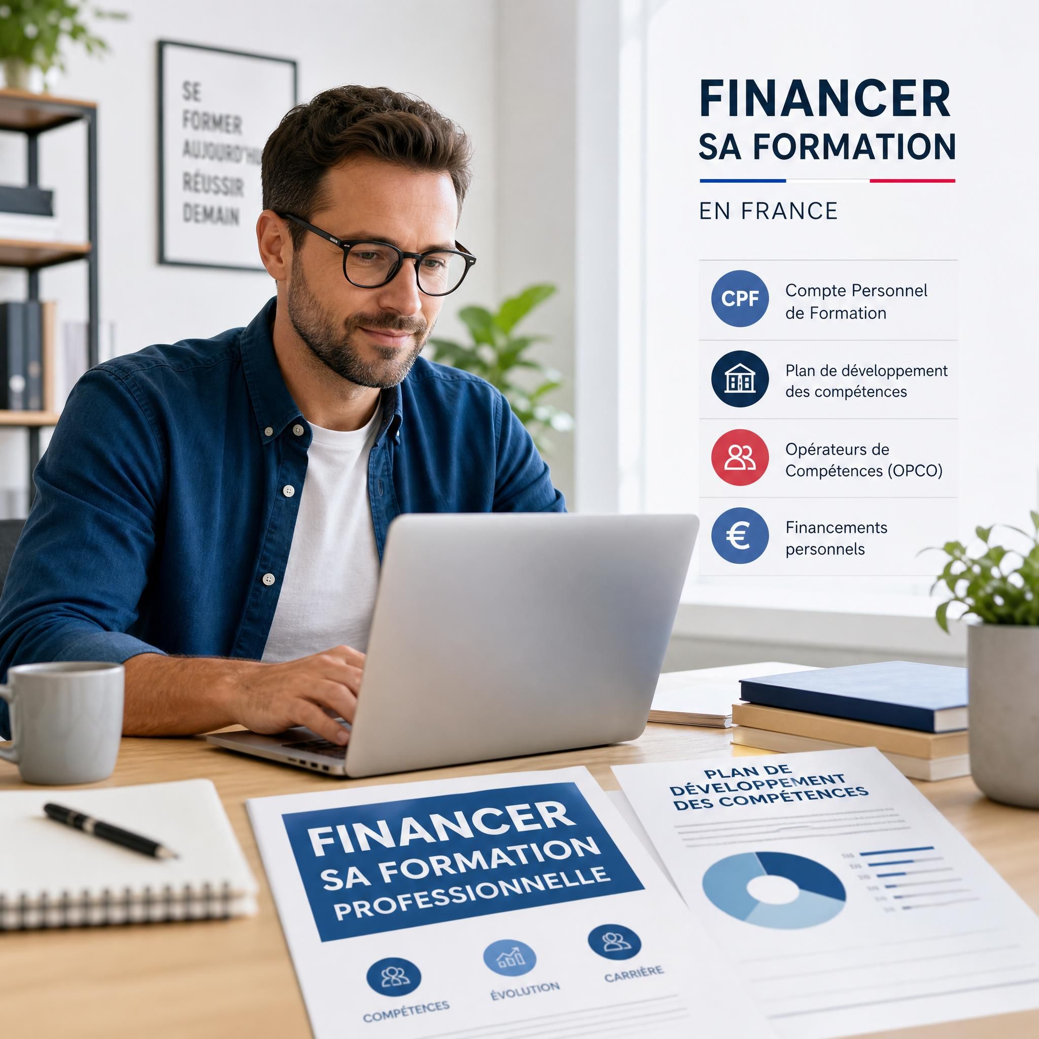 Professionnel en formation devant un ordinateur avec des documents de financement formation professionnelle en France