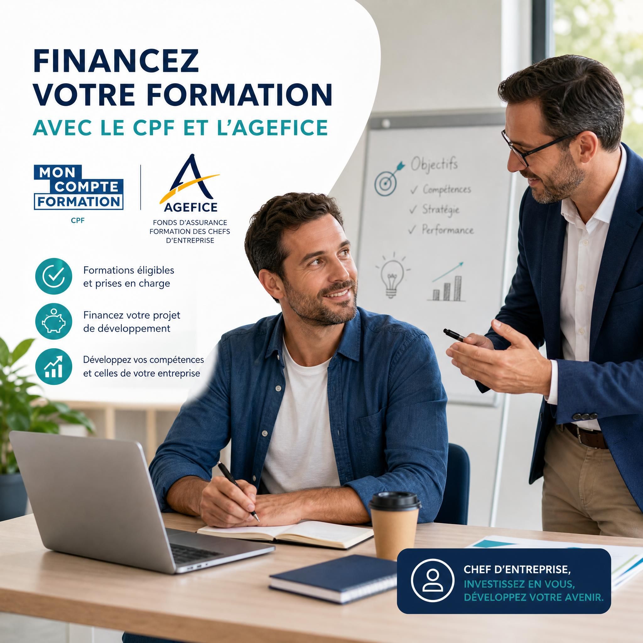 Chef d'entreprise en formation avec un formateur, illustration financement CPF AGEFICE entrepreneur