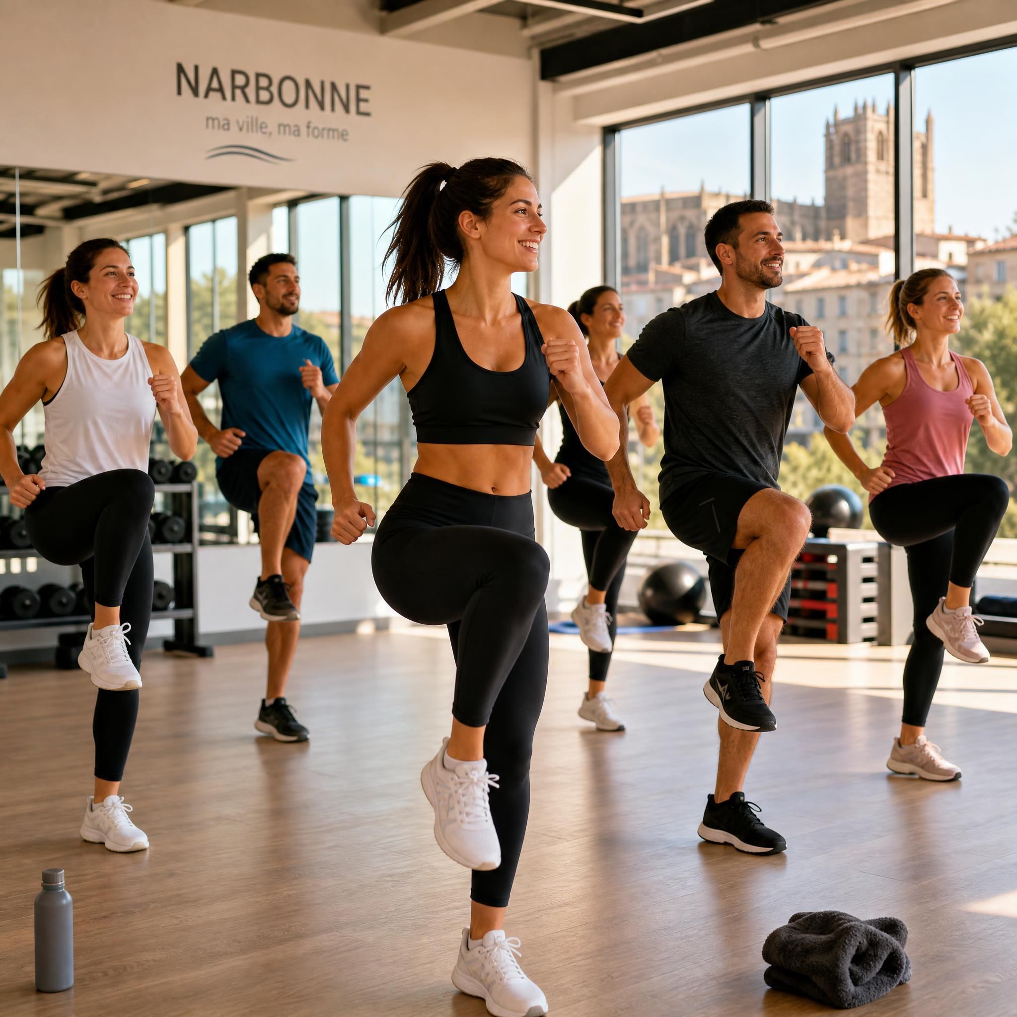 Groupe de personnes suivant un cours collectif de fitness dans une salle de sport lumineuse à Narbonne, ambiance conviviale et motivante