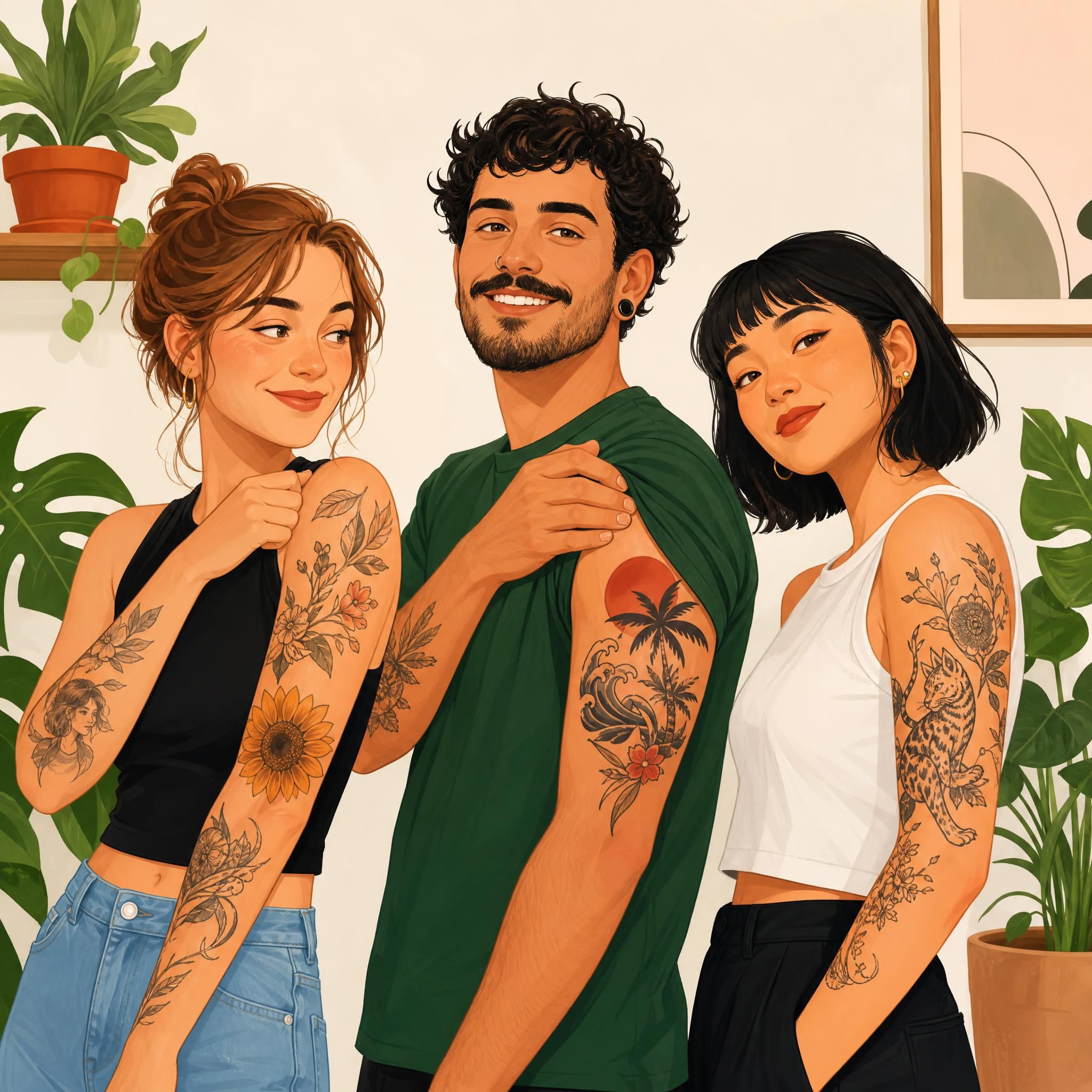Illustration décontractée de trois personnes montrant fièrement leurs tatouages, style coloré et chaleureux, sans texte