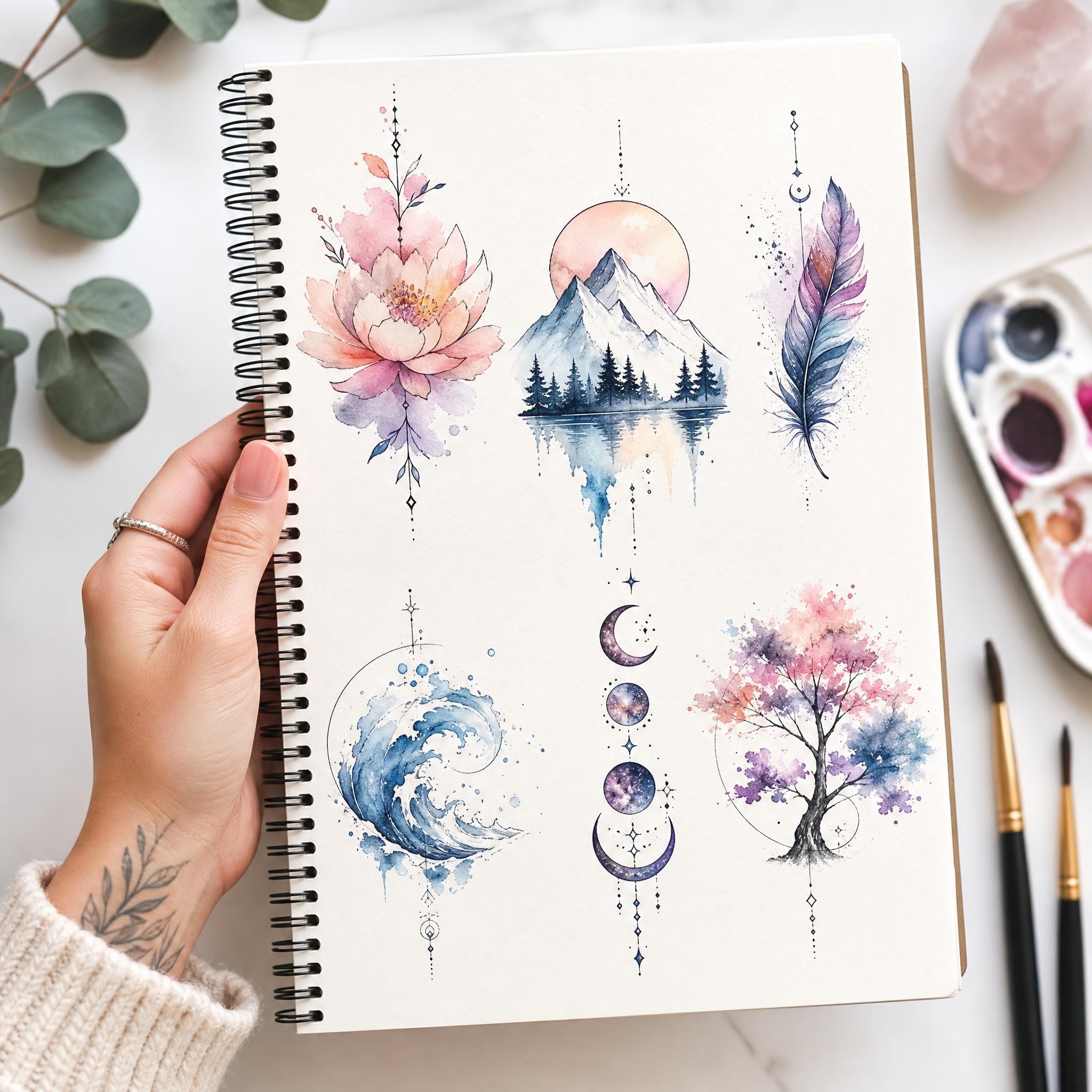 Illustration d'une main tenant un carnet de croquis avec des designs de tatouages aquarelle, style illustratif doux et coloré