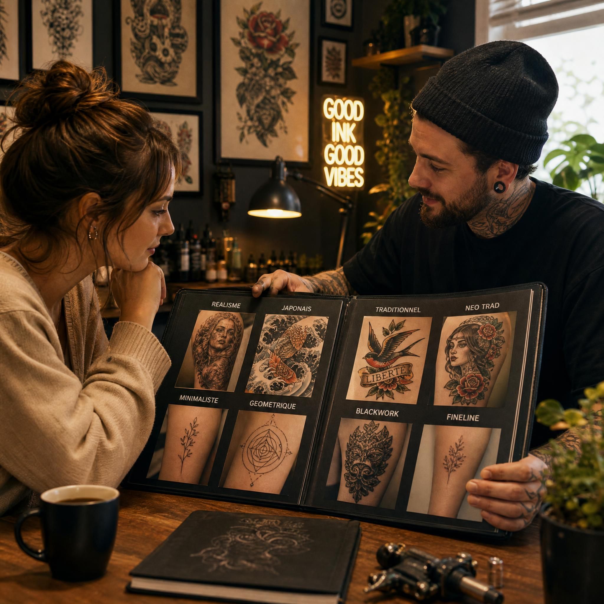 Illustration d'une personne en consultation avec un tatoueur, regardant un portfolio de styles différents, ambiance chaleureuse et professionnelle