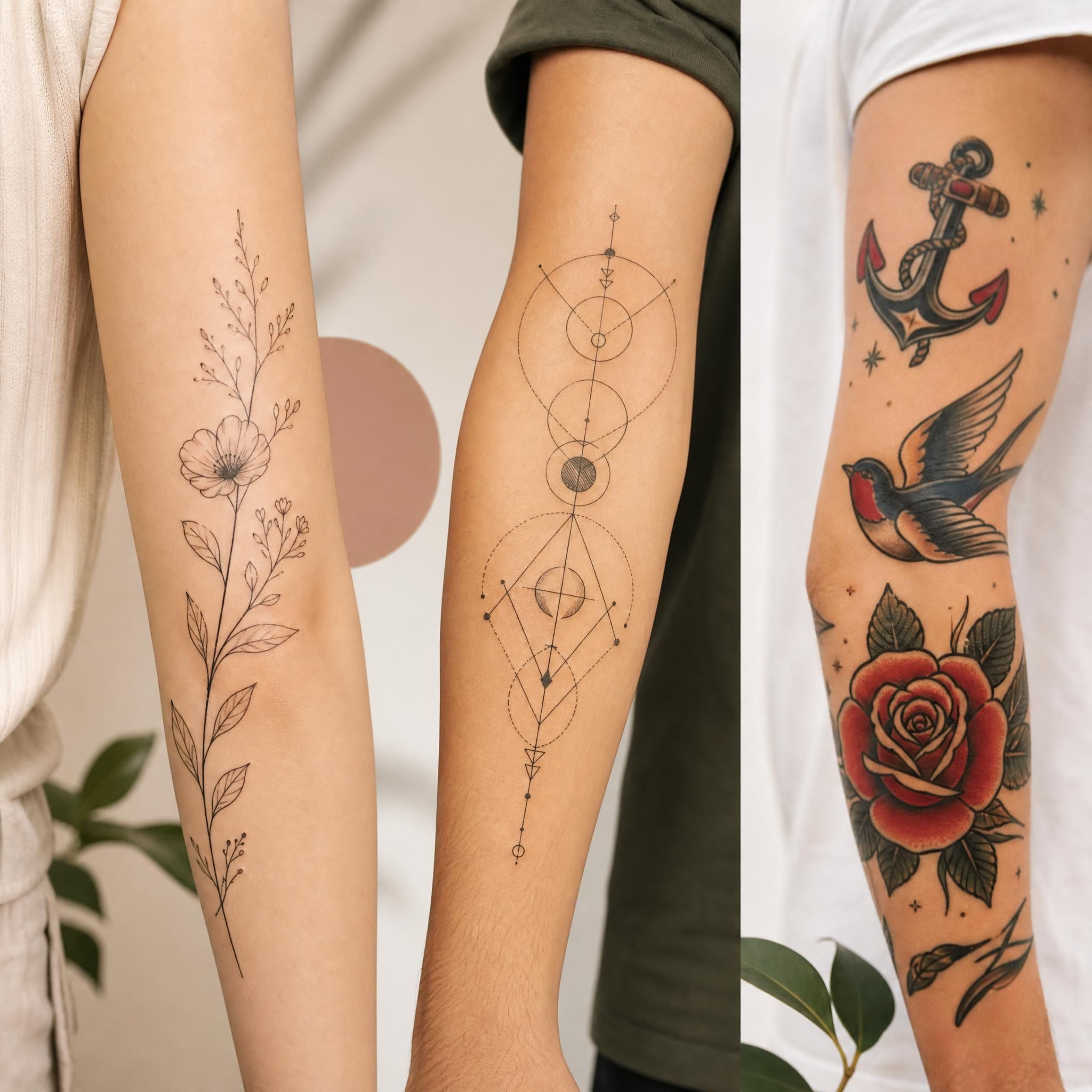 Illustration illustrative de différents styles de tatouages — fine line botanique, géométrique, old school — présentés côte à côte sur des bras et avant-bras, sans texte, palette douce et moderne