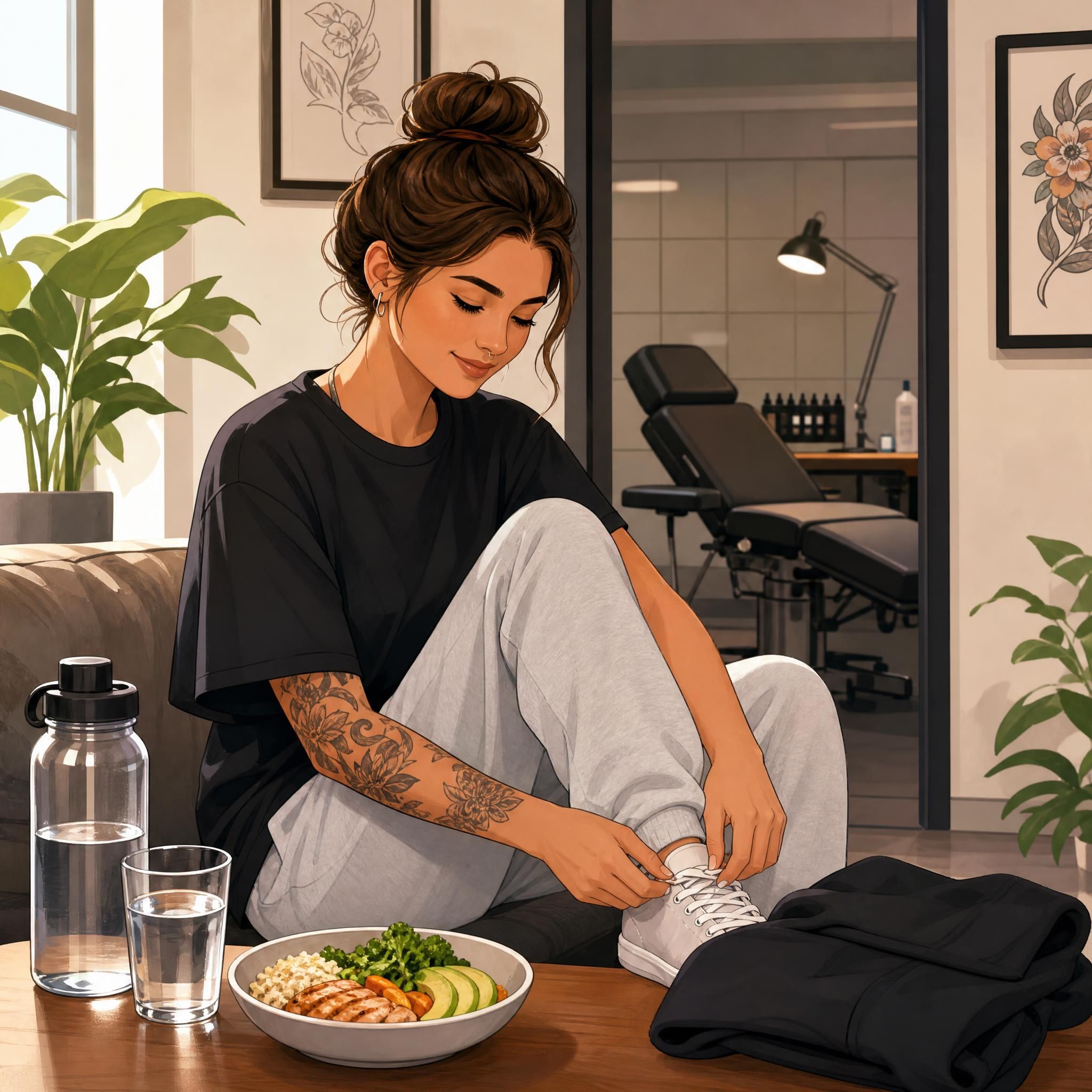Illustration illustrative et apaisante d'une personne bien préparée avant une séance de tatouage — verre d'eau, repas, vêtements confortables — style illustratif sans texte