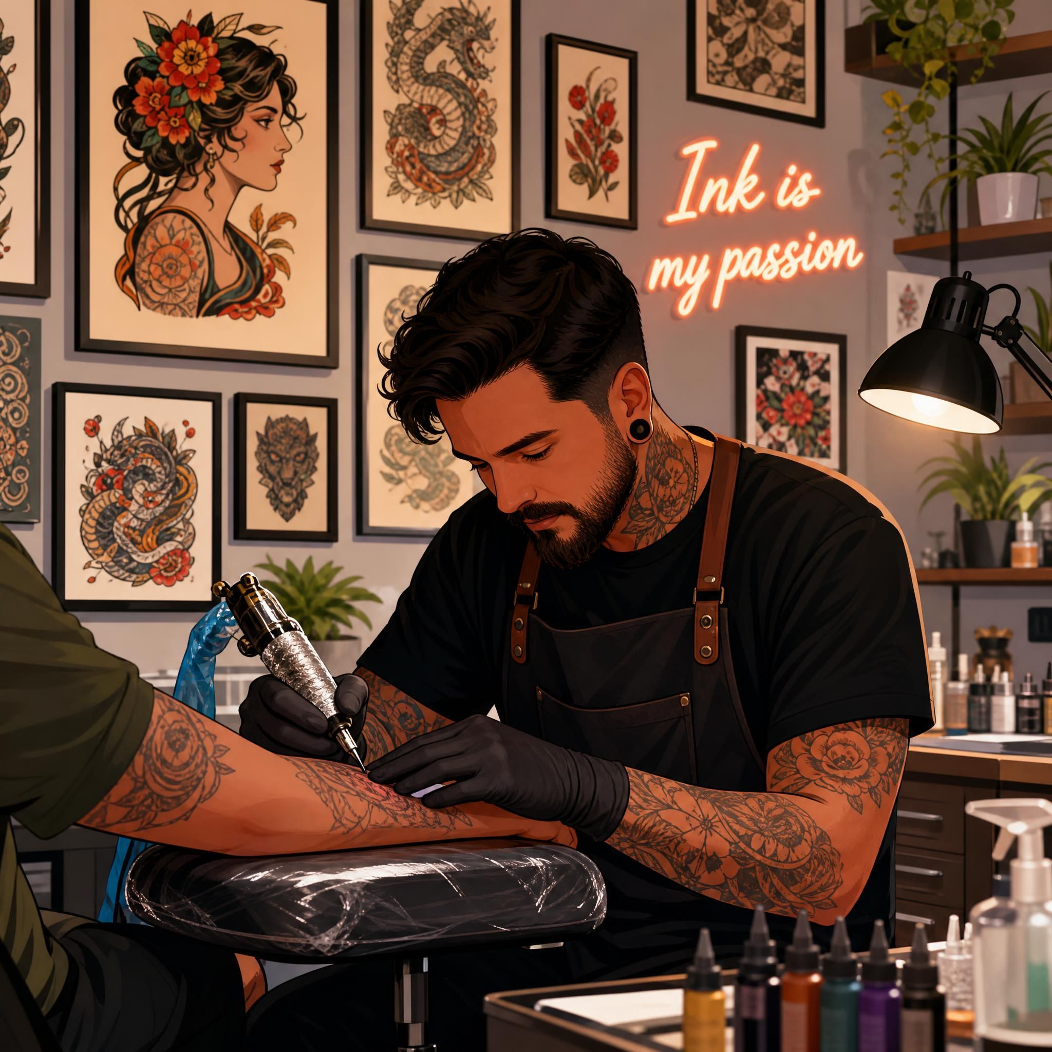 Illustration colorée et illustrative d'un tatoueur professionnel travaillant dans un studio moderne, entouré de références artistiques variées, ambiance créative et chaleureuse