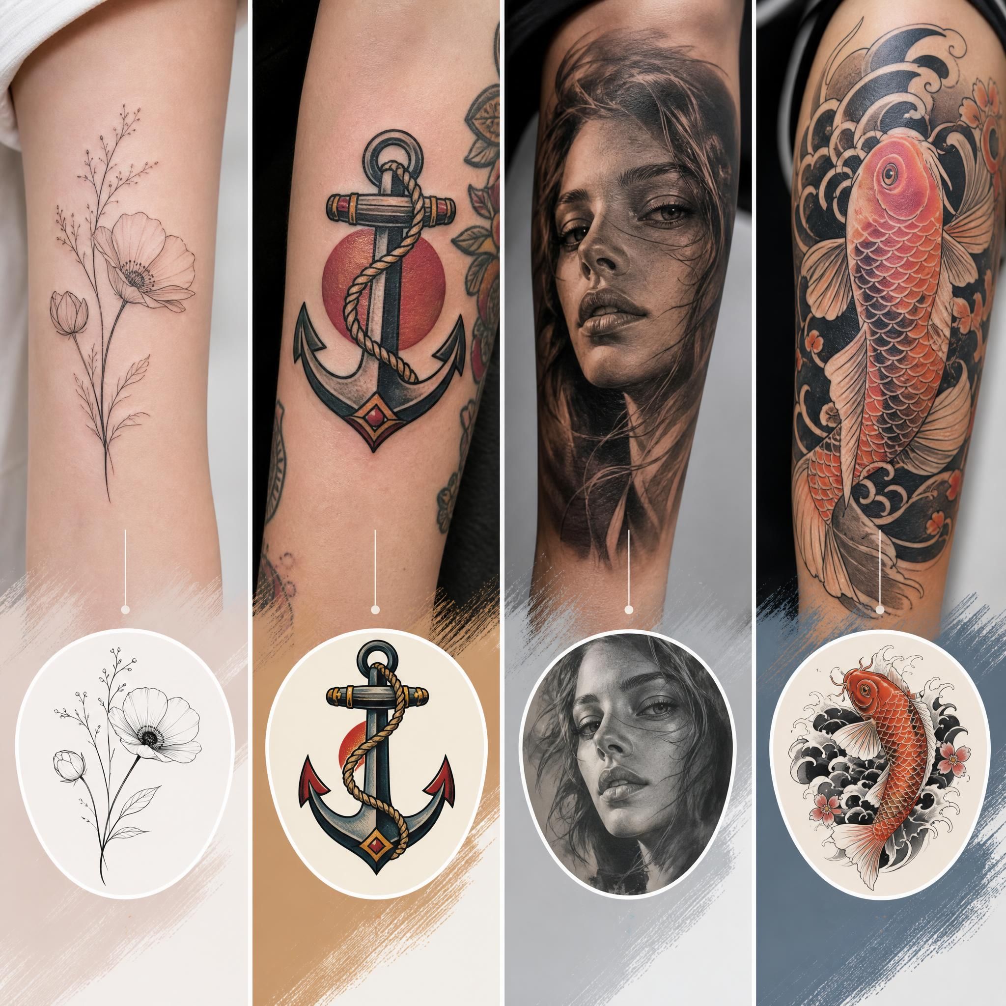 Illustration illustrative montrant un tableau de comparaison visuel entre styles de tatouage - fine line fleur, old school ancre, réalisme portrait, japonais carpe koï - style graphique moderne sans texte