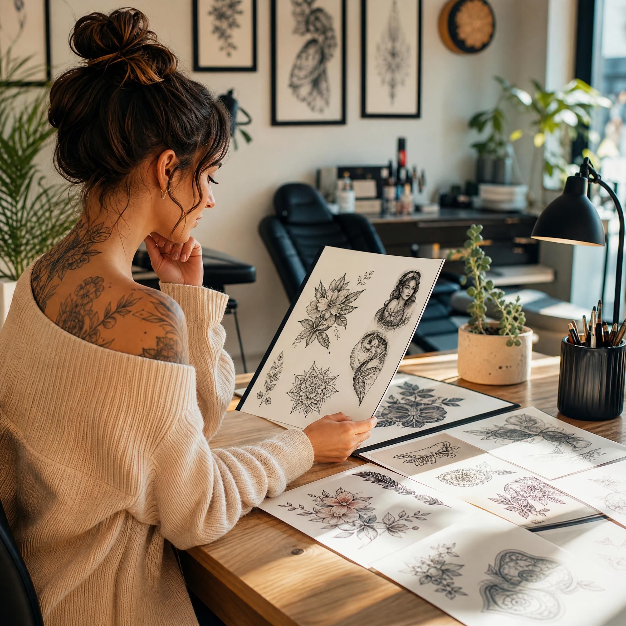 Illustration douce et rassurante montrant une personne qui regarde des planches de styles de tatouage, dans une ambiance studio créatif et bienveillant, sans texte