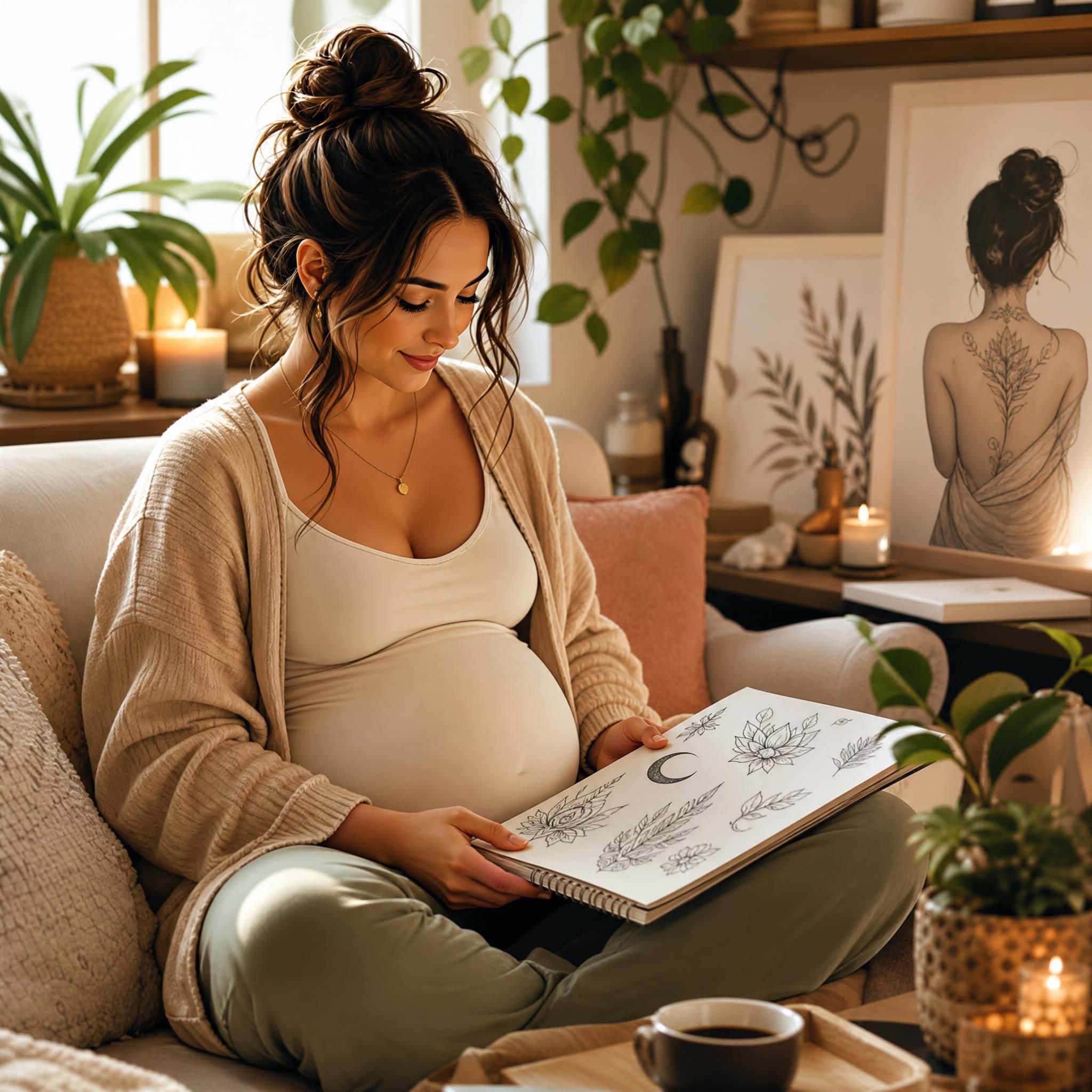Illustration douce et bienveillante représentant une femme enceinte regardant un carnet de designs de tatouages, ambiance chaleureuse et apaisante, style illustratif sans texte