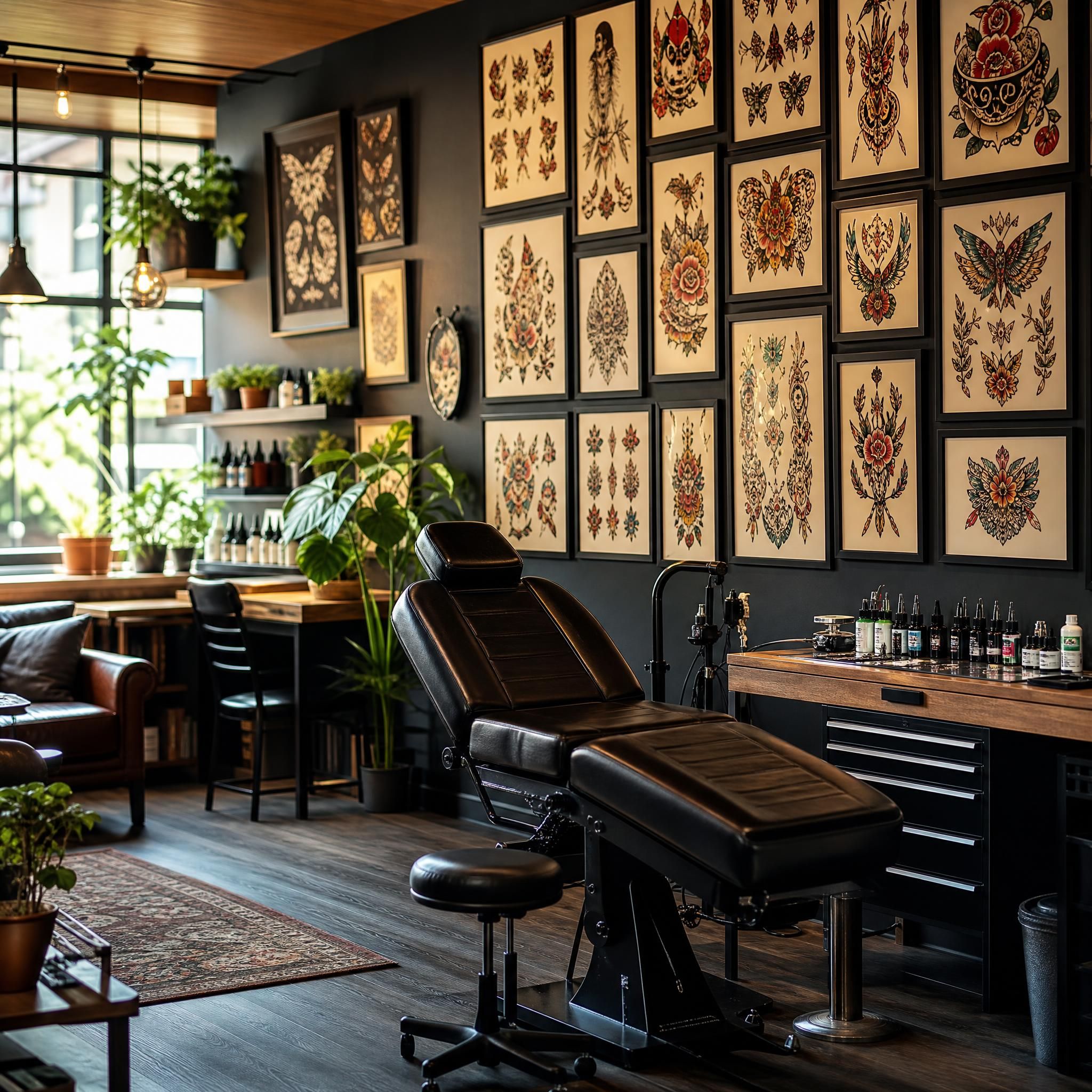 Illustration inspirante d'un studio de tatouage moderne et accueillant, avec des planches de flash au mur, une ambiance créative et chaleureuse, sans texte ni personnage identifiable