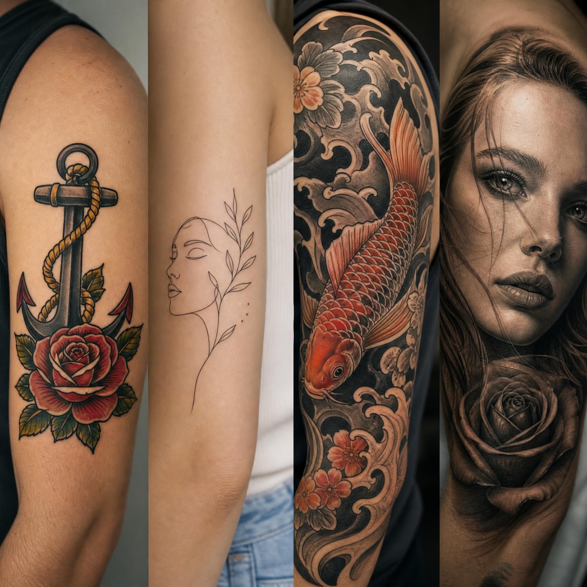 Illustration illustrative montrant côte à côte différents styles de tatouage — old school avec ancre et rose, minimaliste avec trait fin, japonais avec carpe koï, réaliste avec portrait — sans texte