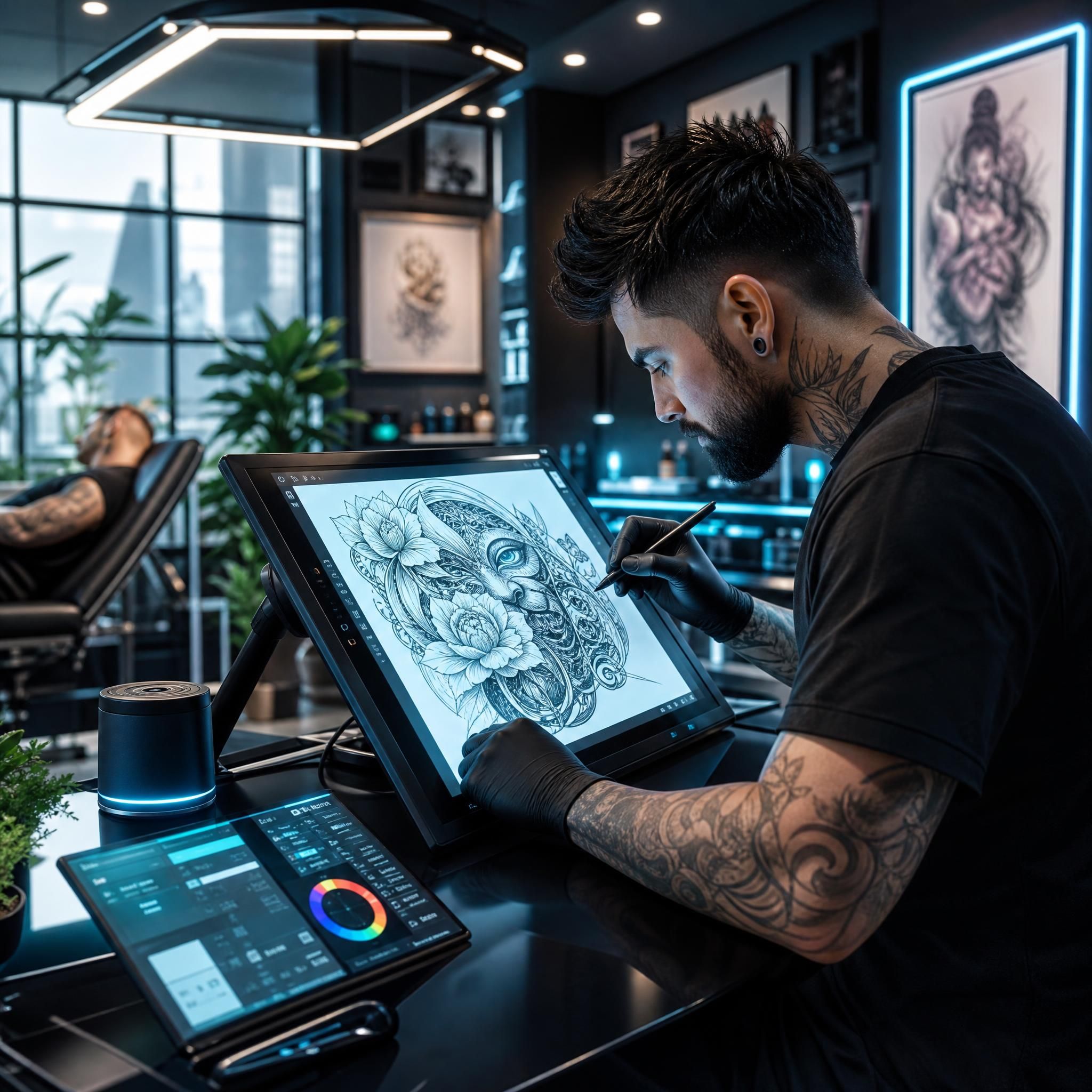 Illustration futuriste et illustrative d'un tatoueur utilisant des outils numériques et créatifs dans un studio contemporain, style inspirationnel sans texte