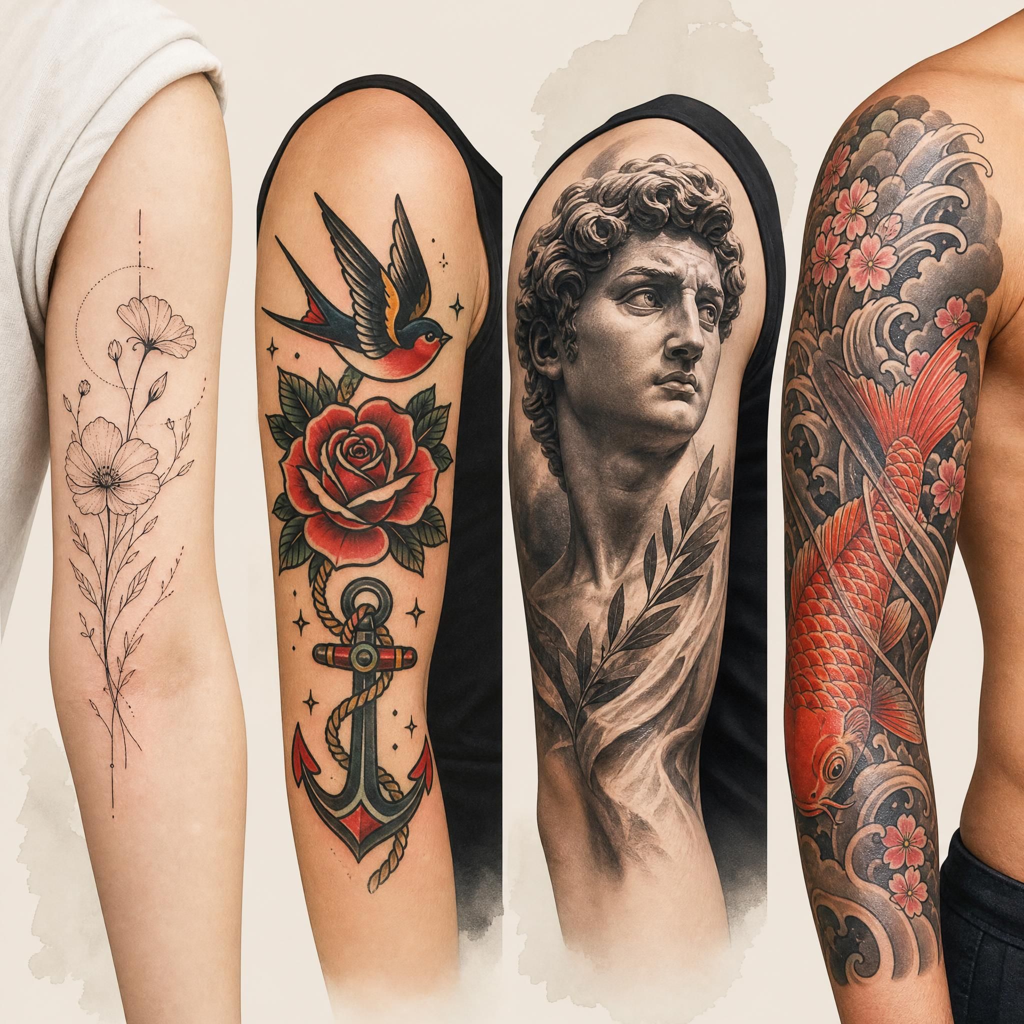 Illustration colorée et décontractée montrant différents styles de tatouage côte à côte - fine line, old school, réaliste et japonais - sur fond neutre, sans texte