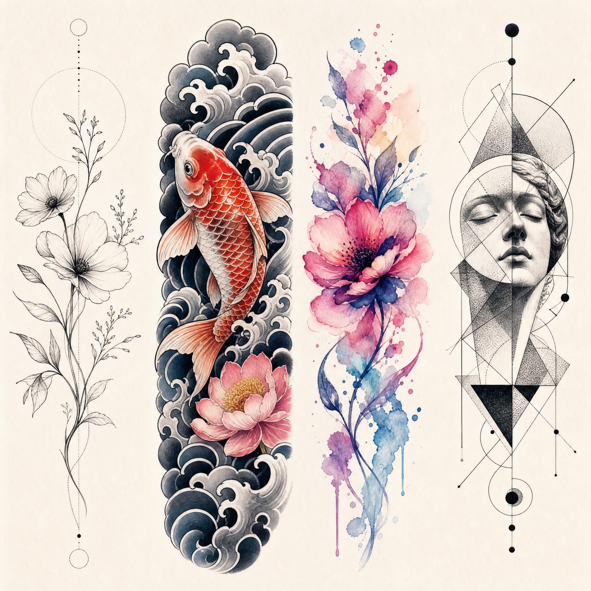 Illustration artistique présentant différents styles de tatouage côte à côte — fine line, japonais, aquarelle et géométrique — dans un style illustratif sans texte