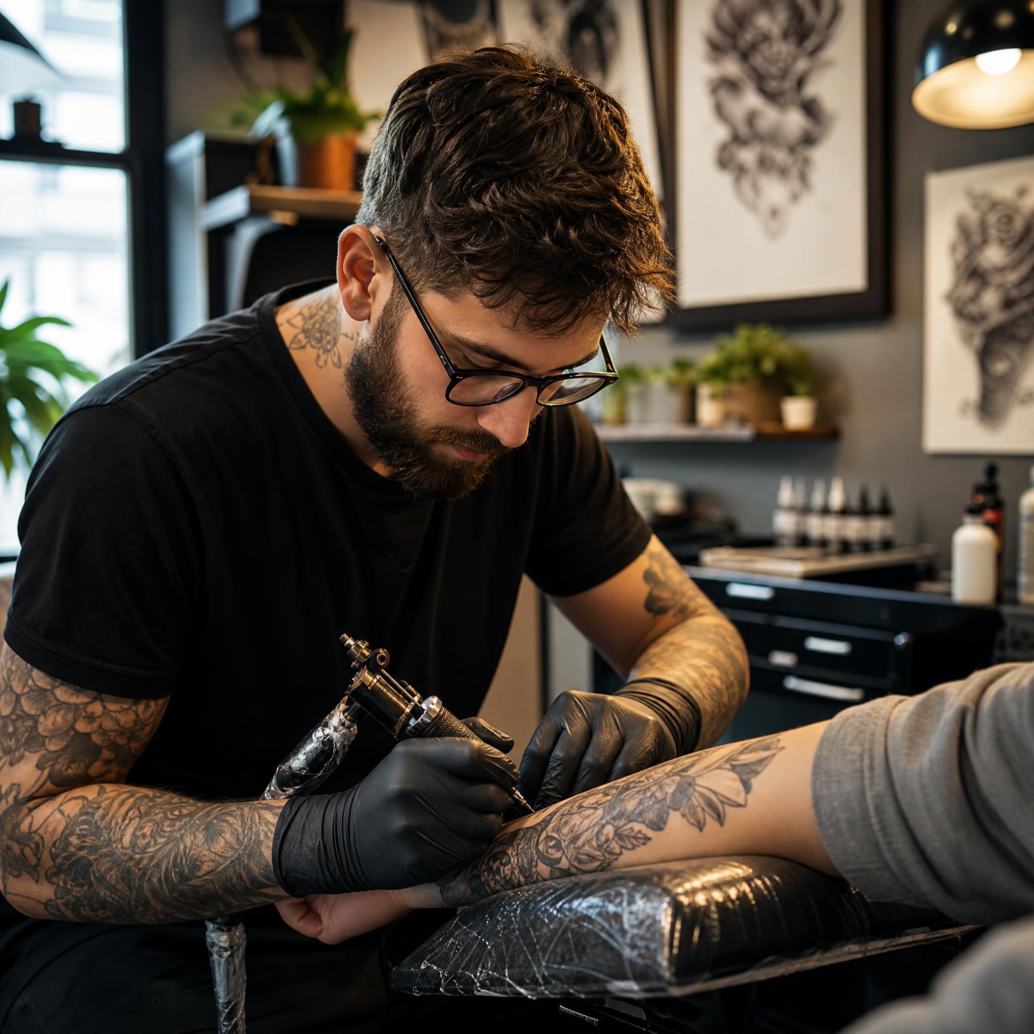 Illustration d'un tatoueur professionnel dans son studio moderne et propre, en train de travailler sur un avant-bras, ambiance chaleureuse et artistique, sans texte