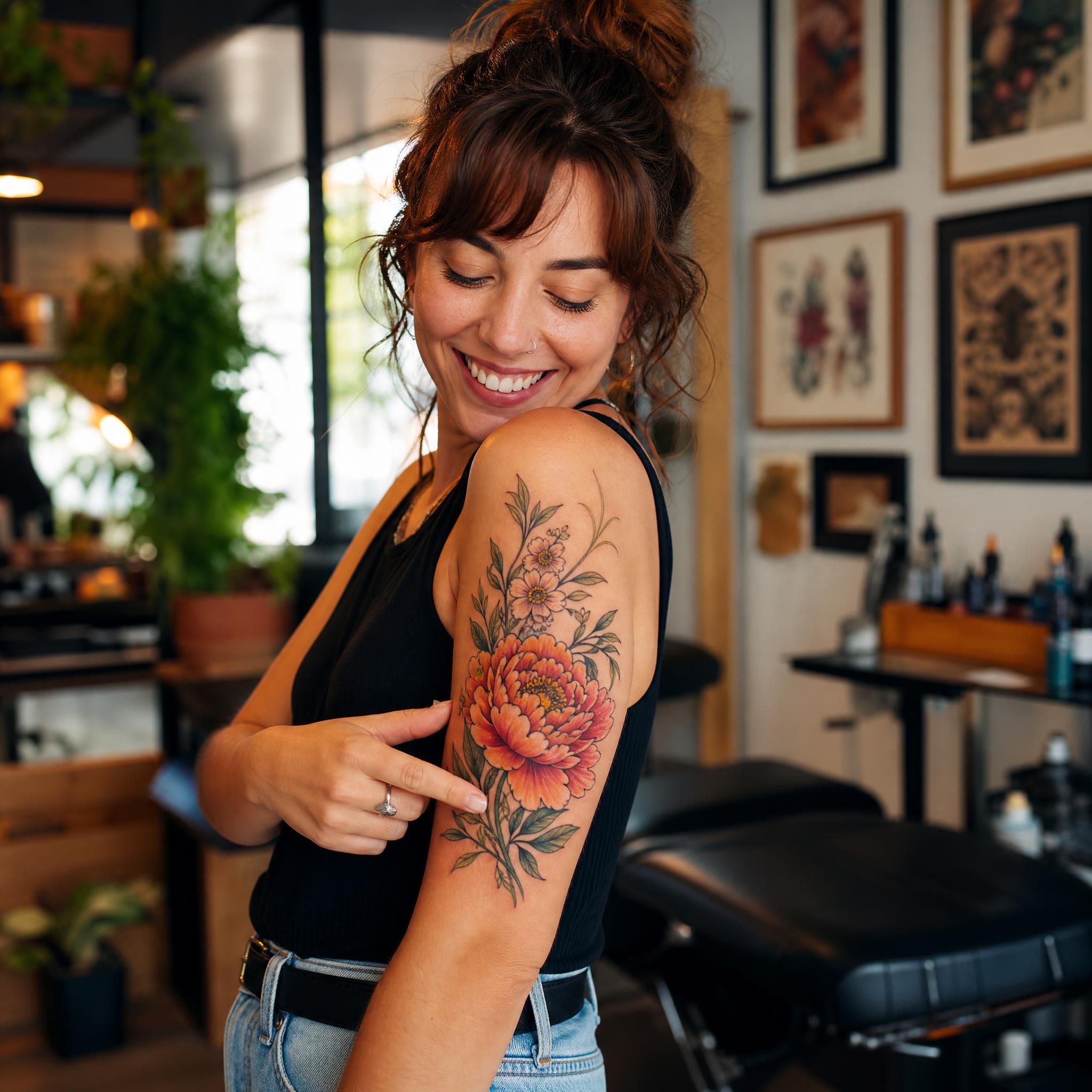 Illustration inspirante d'une personne heureuse montrant un beau tatouage récemment réalisé, style chaleureux et coloré, sans texte