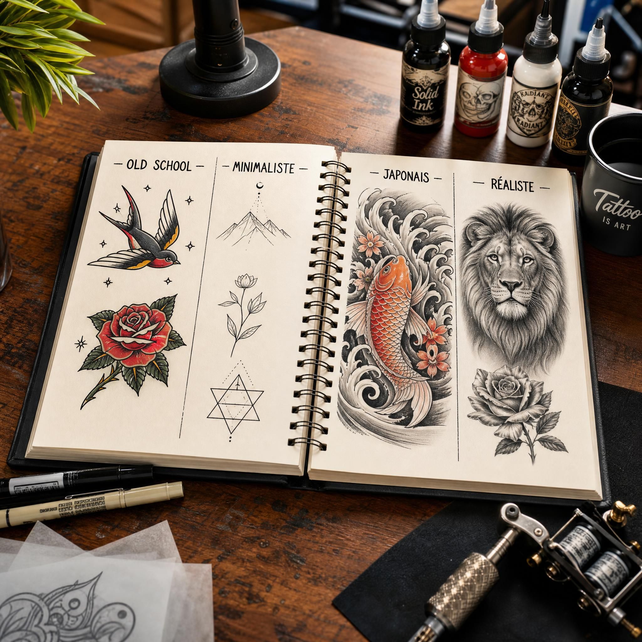 Illustration colorée et inspirante montrant un carnet de croquis ouvert avec différents styles de tatouage — old school, minimaliste, japonais, réaliste — posé sur une table de studio de tatouage