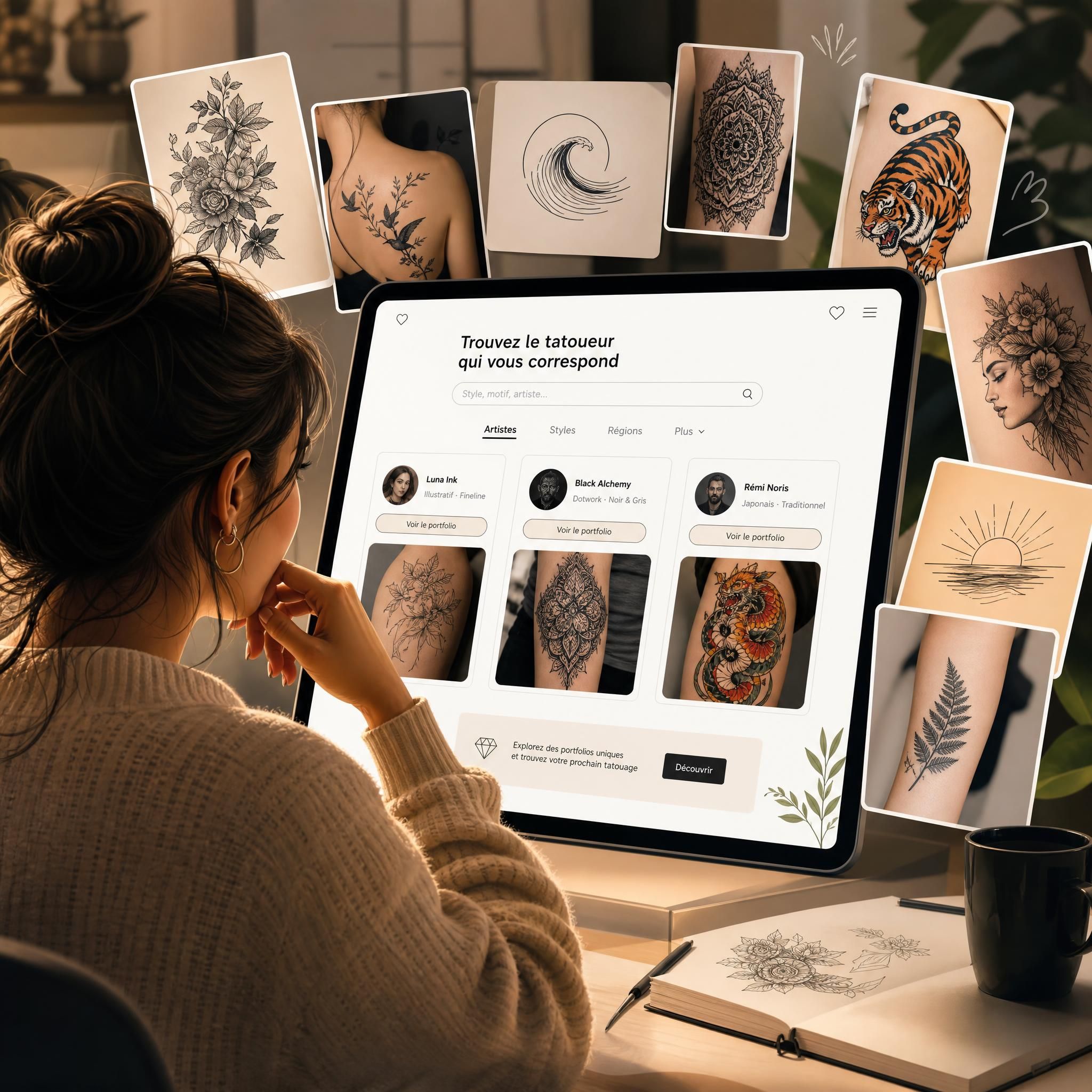 Illustration illustrative et chaleureuse d'une personne parcourant des portfolios de tatoueurs sur une interface numérique, entourée d'exemples de tatouages artistiques variés