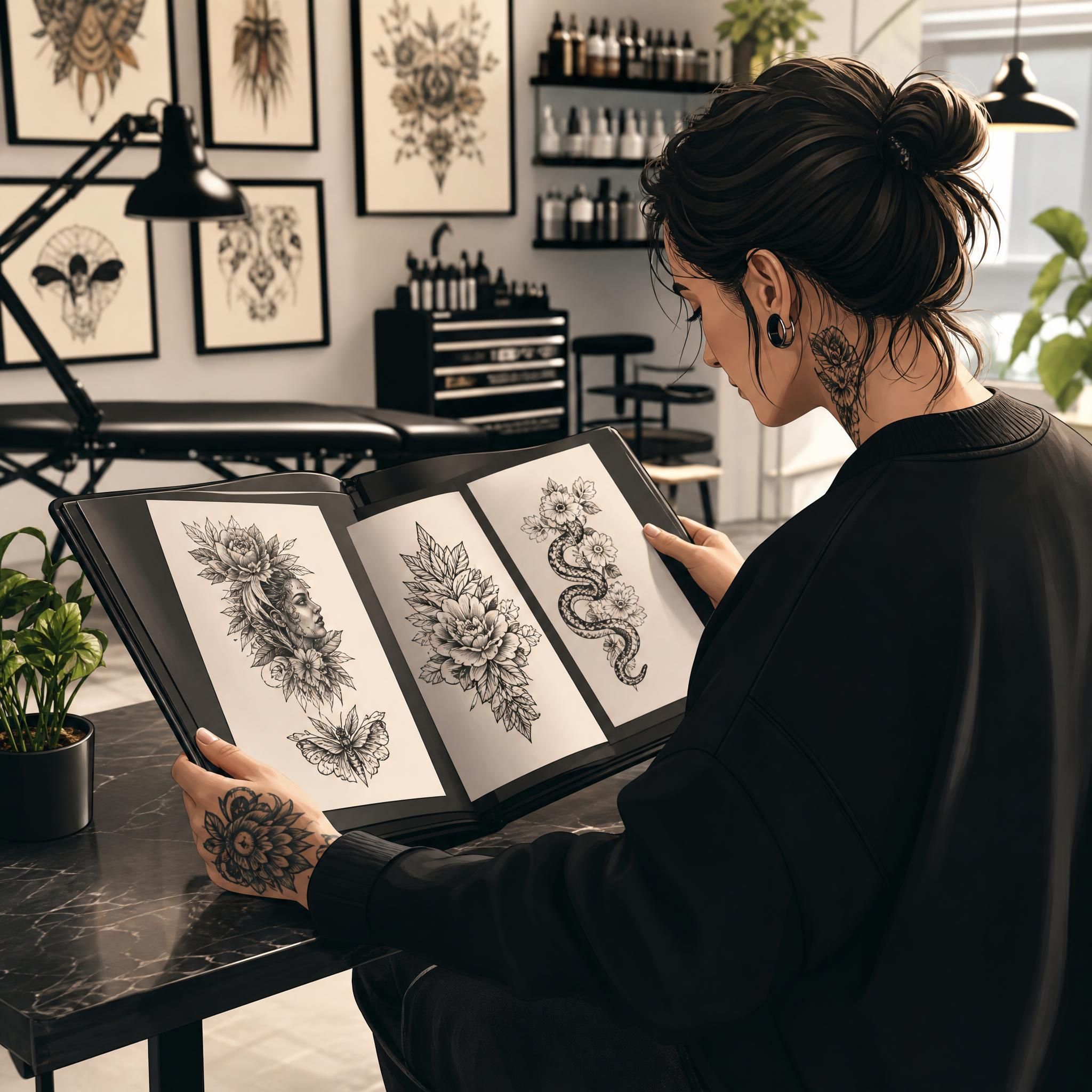 Illustration d'une personne feuilletant un portfolio de tatouages dans un studio moderne, style illustratif sans texte