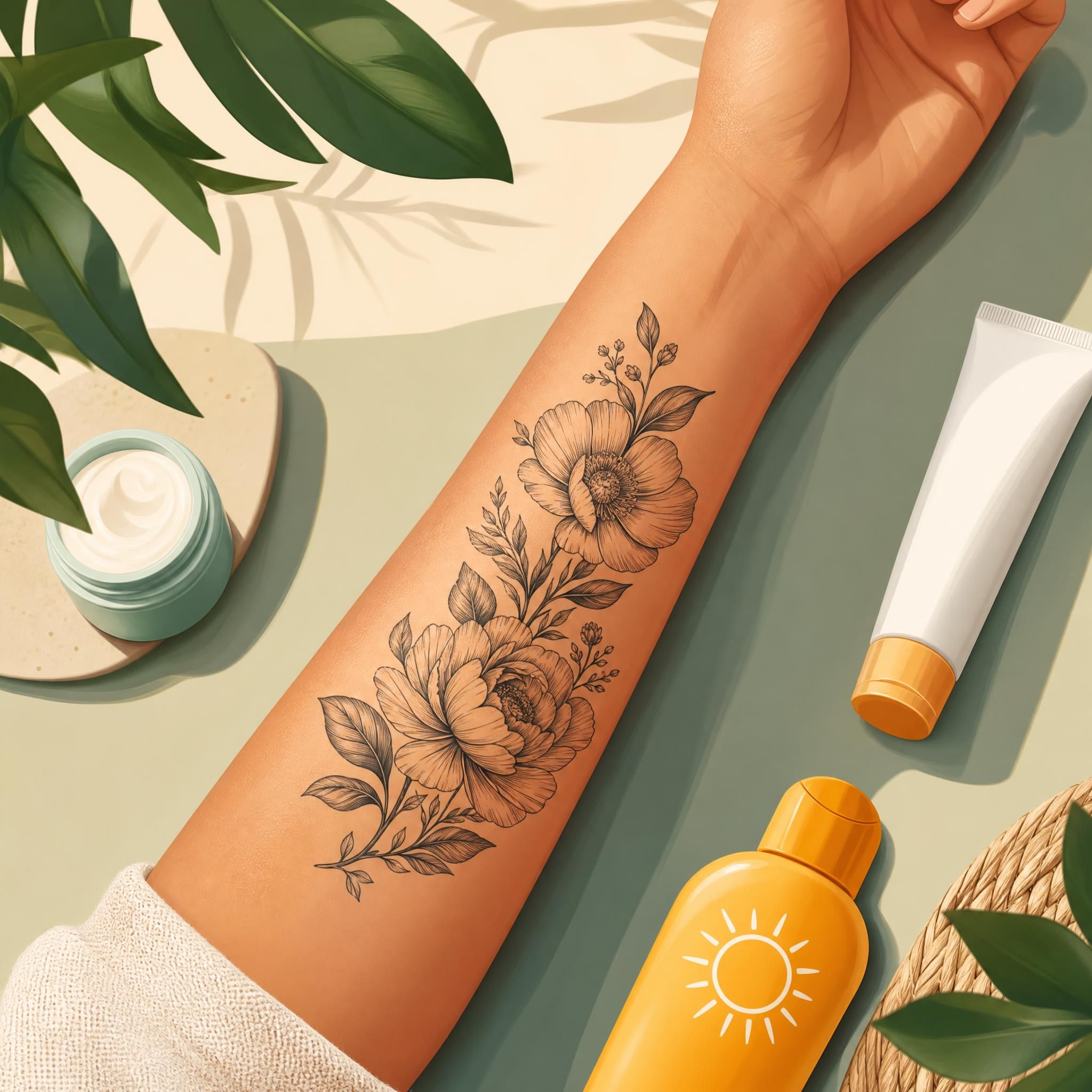 Illustration d'un tatouage magnifiquement cicatrisé sur un avant-bras, entouré d'éléments de soin - crème, protection solaire, style illustratif coloré sans texte