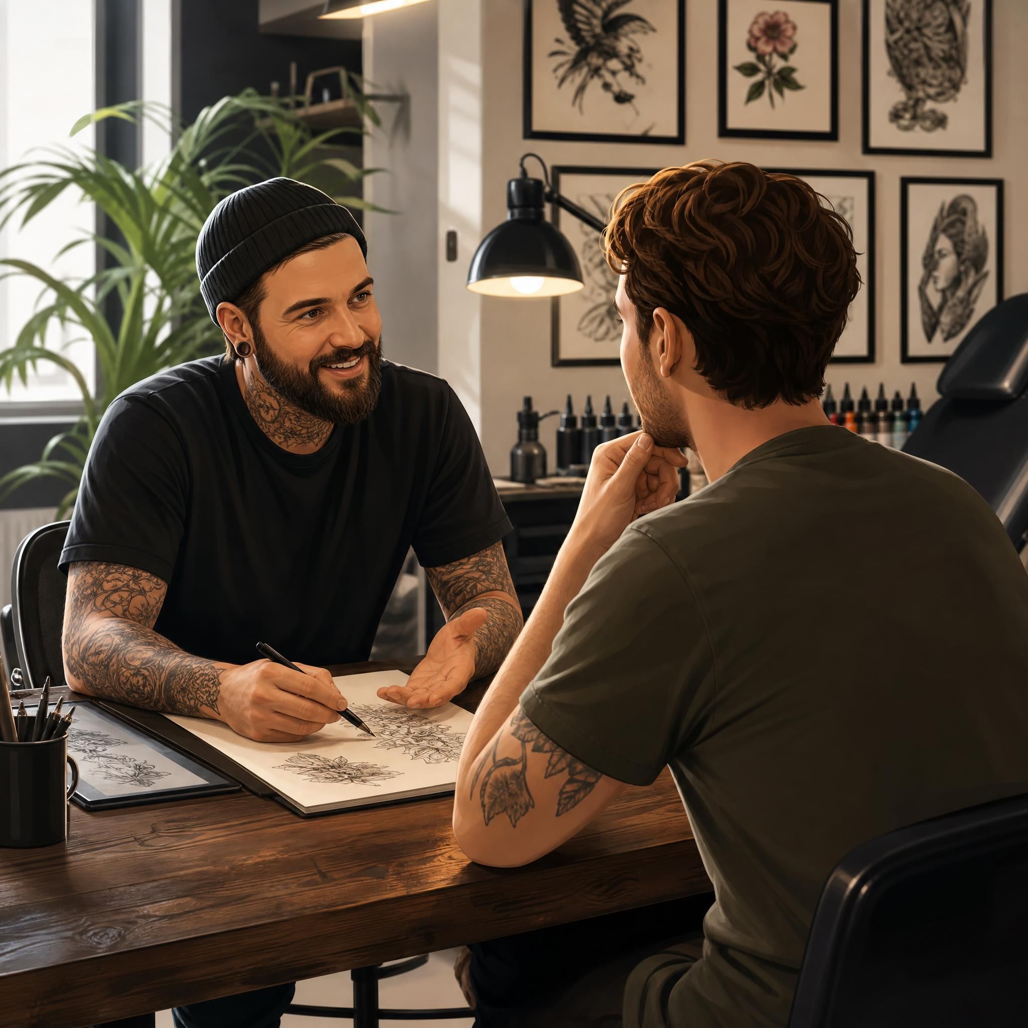 Illustration d'une consultation entre un tatoueur et son client dans un studio, échanges chaleureux, style illustratif sans texte