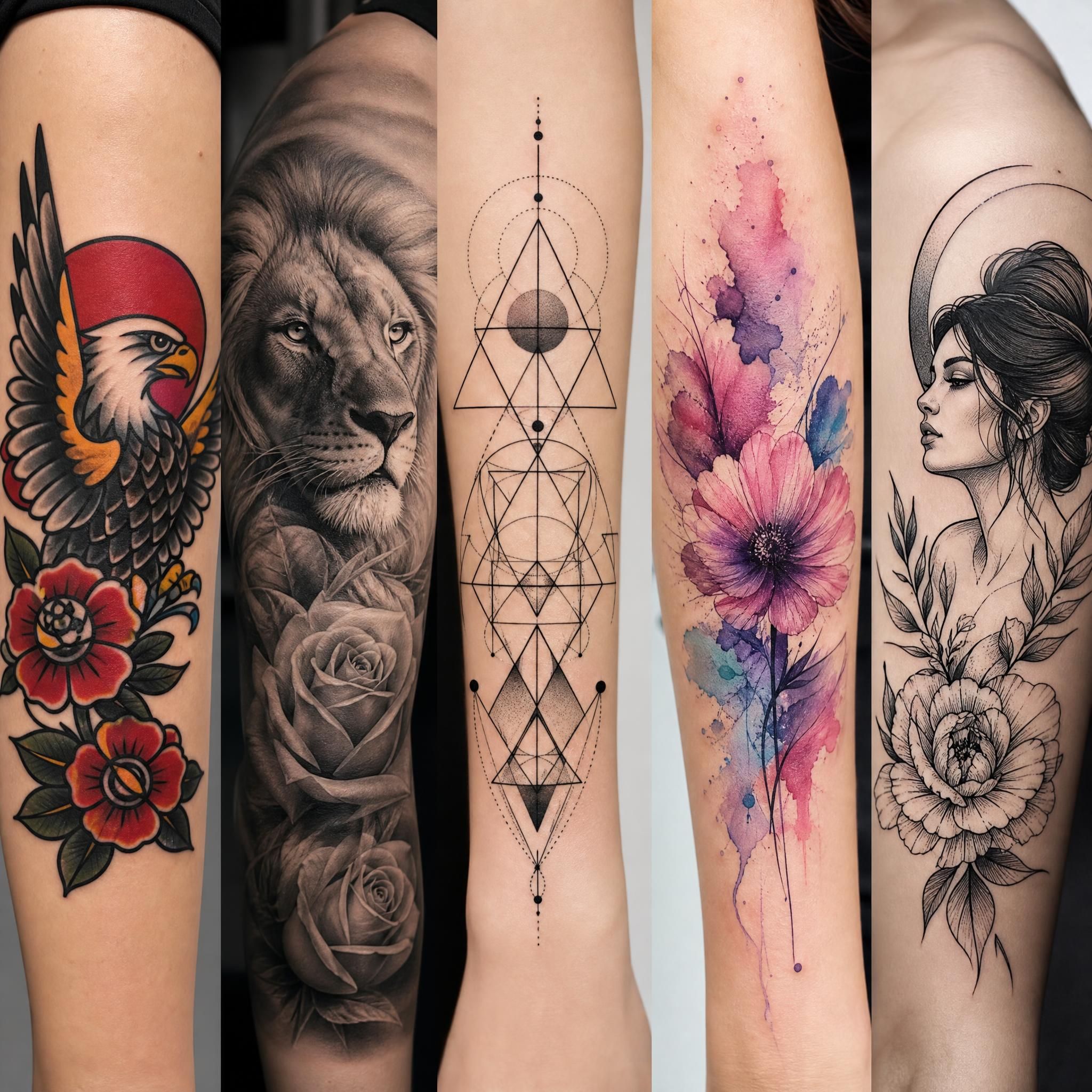 Illustration montrant différents styles de tatouage côte à côte : traditionnel, réaliste, géométrique, aquarelle, style illustratif sans texte
